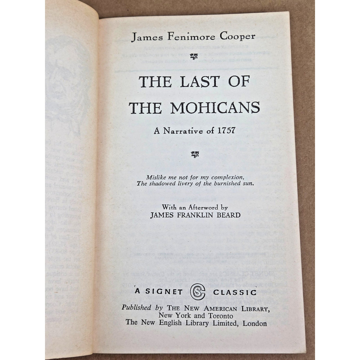 The Last of the Mohicans by James Fenimore Cooper Signet Classics PB 1962