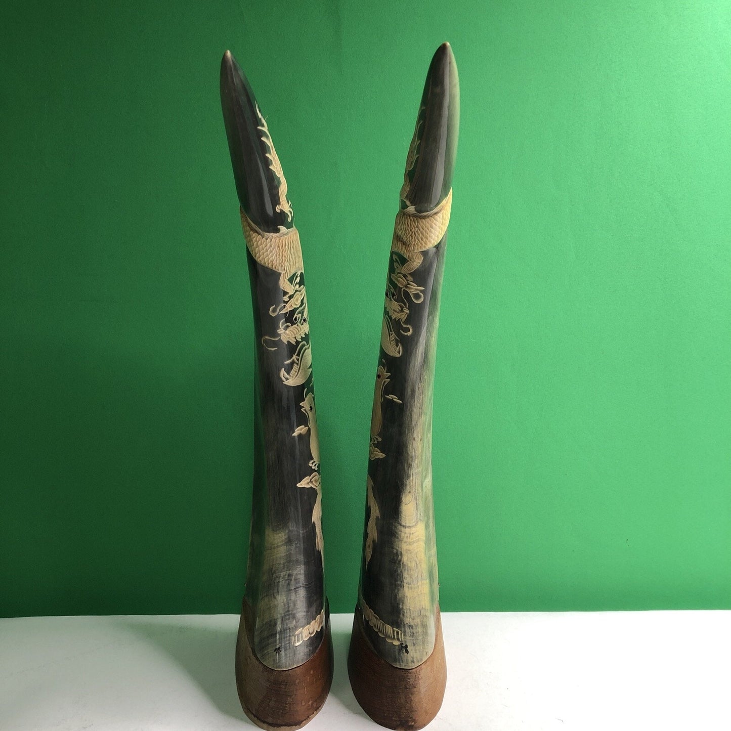 PAIR OF Large WATER BUFFALO HORNS CARVED WITH DRAGON & PHOENIX FENG SHUI