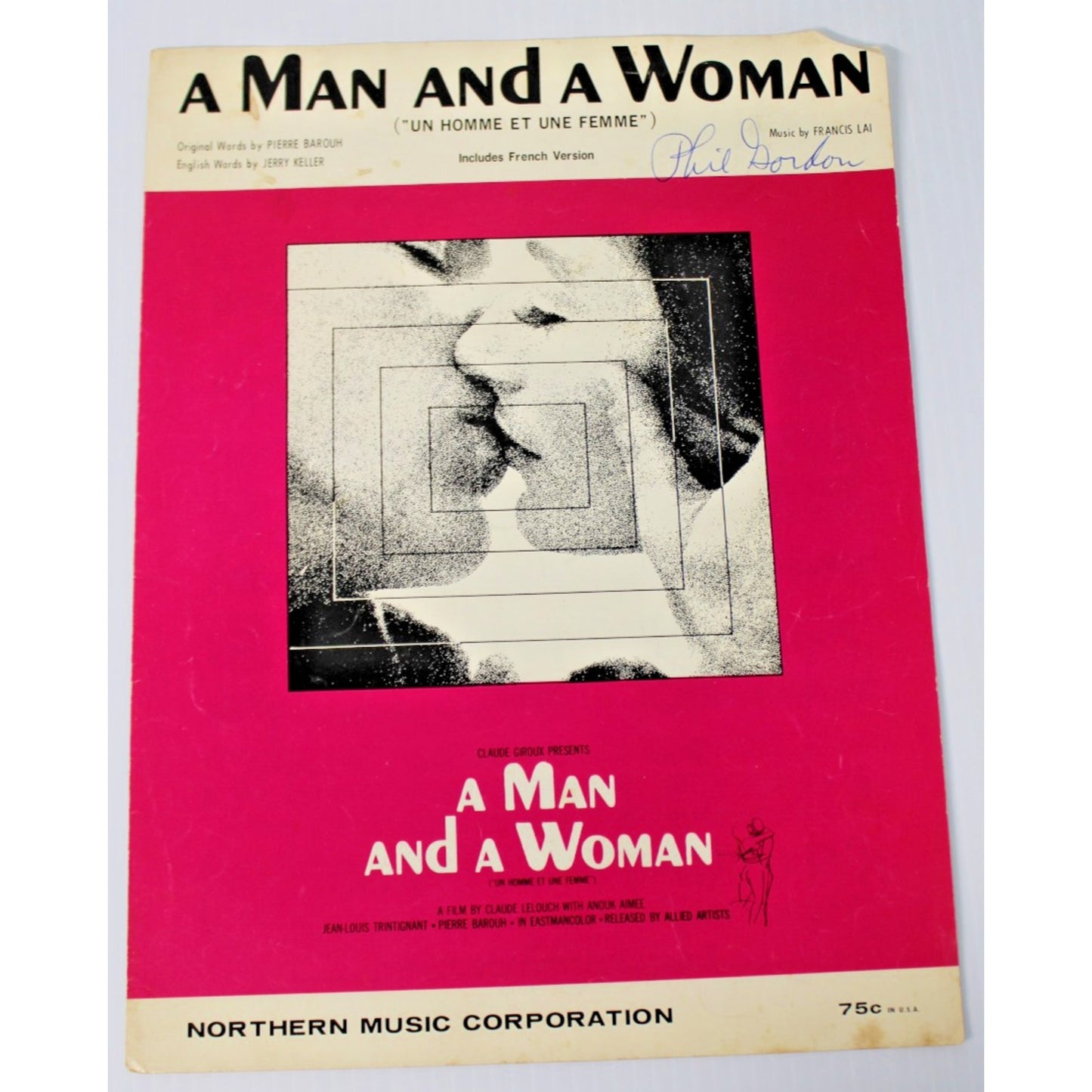 Autographed Vintage Sheet Music: A Man And A Woman, 1966, Phil Gordon