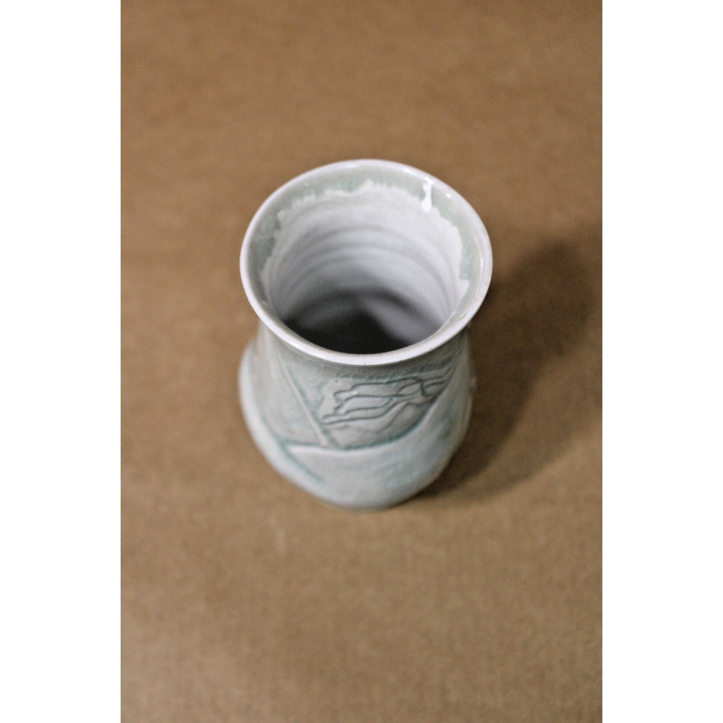 Vintage 5-inch Celadon Vase with Raised Relief Abstract Design, Unmarked