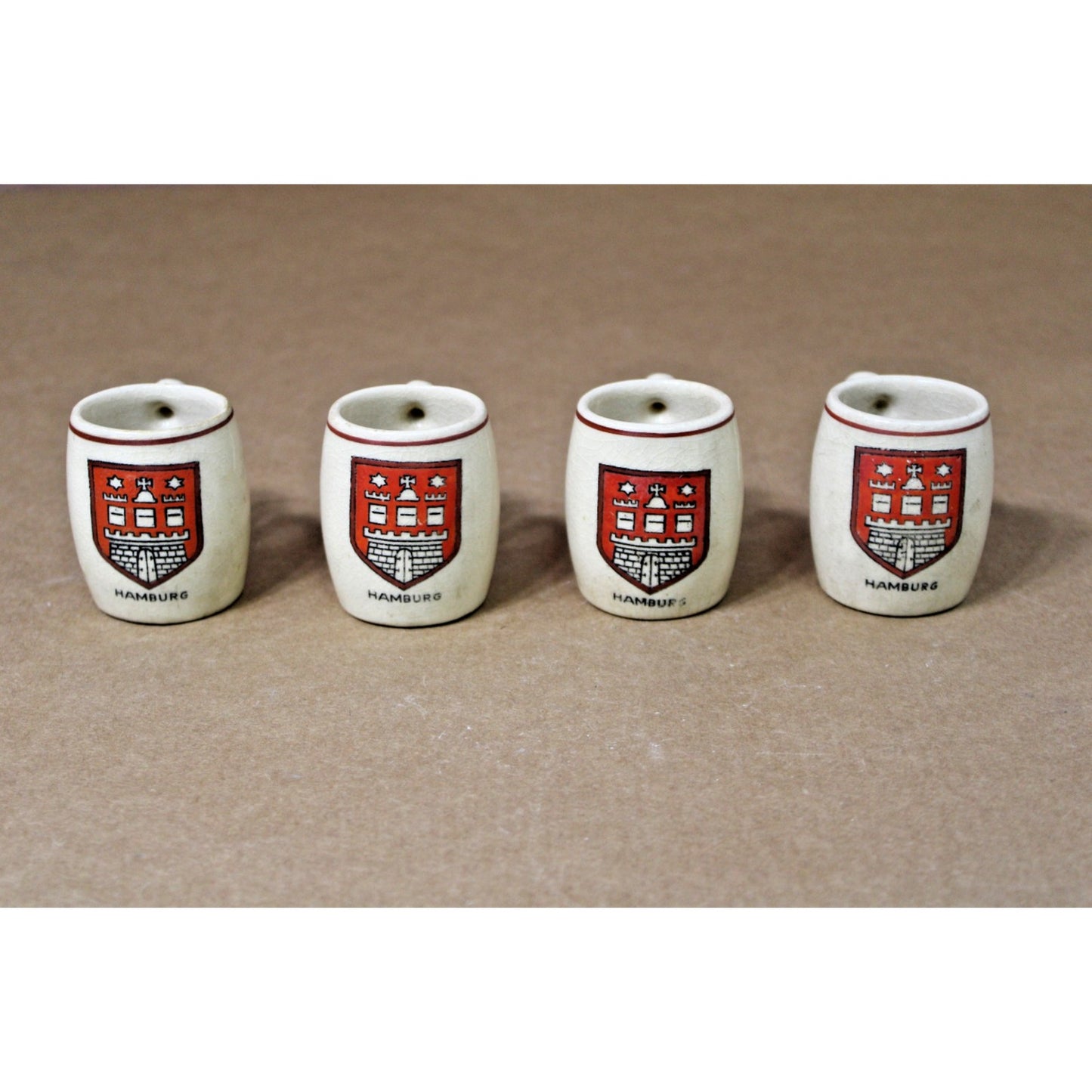 4 VTG Miniature 2"H German Beer Steins, Ceramic, Hamburg Oktoberfest, Shot Glass