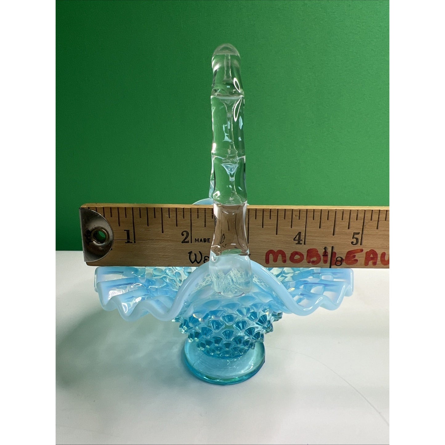 Vintage Fenton Blue Opalescent Hobnail Basket Ruffled Glass with Handle 6” Tall