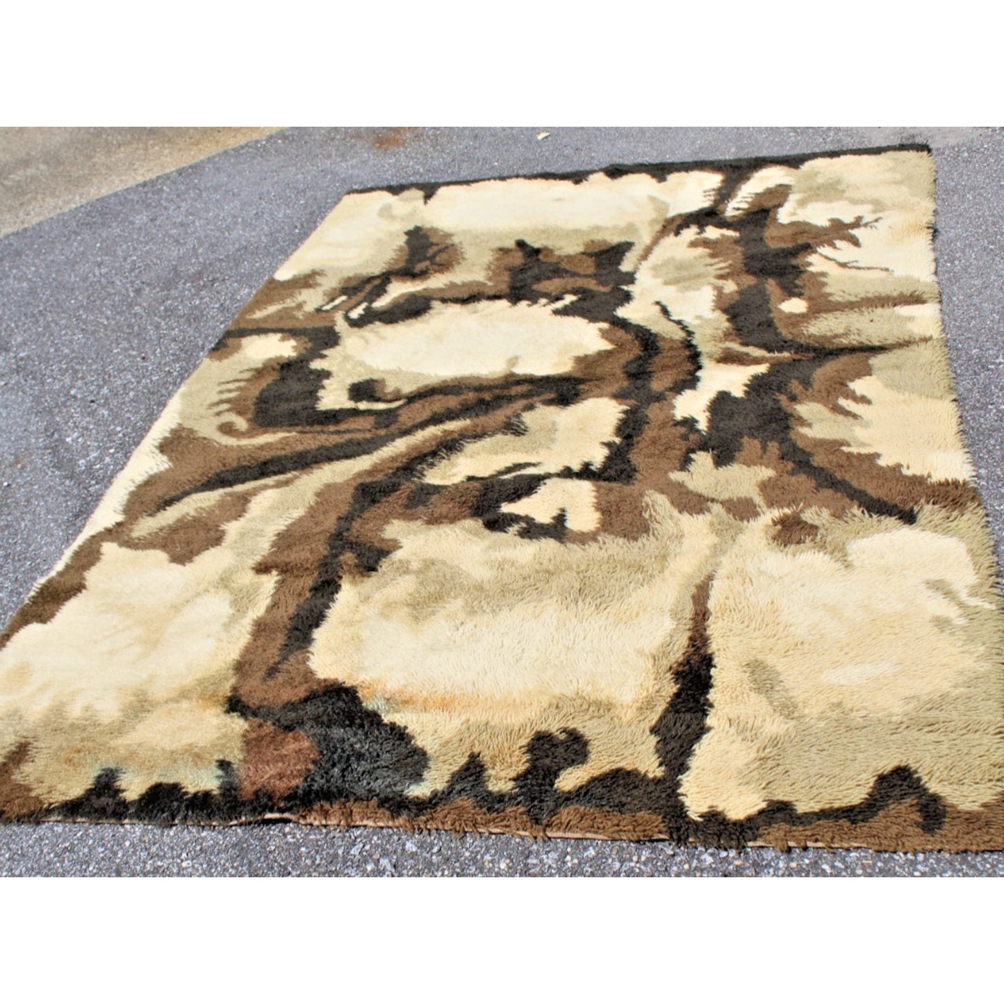 1970s Danish Modern Wool Rug by Ege Rya- 6' x 9' Tan Brown Shag Abstract Groovy