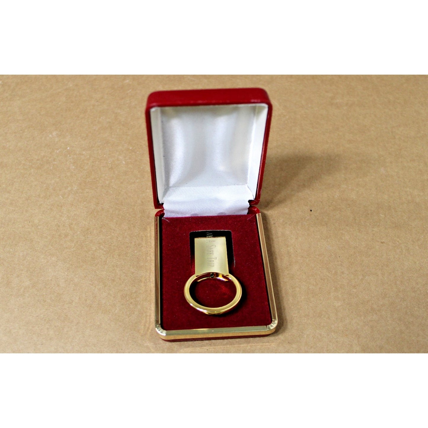 Engravable Gold Metal Keychain, Gift Boxed, "Have A Safe Trip" 1 Side, Heavy!