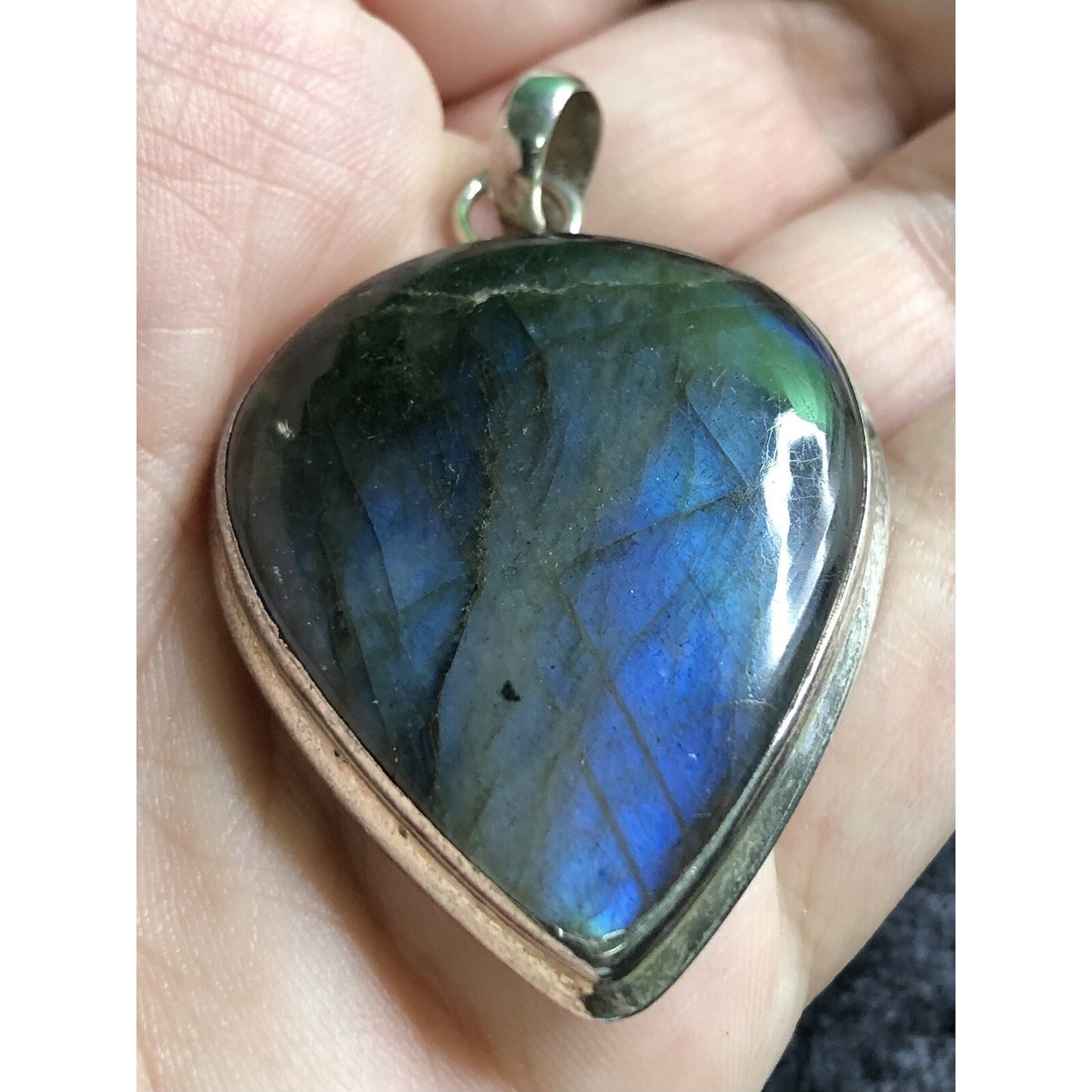 Vintage Sterling Silver Blue Glow Labradorite Pendant Estate Jewelry 1.75” Long