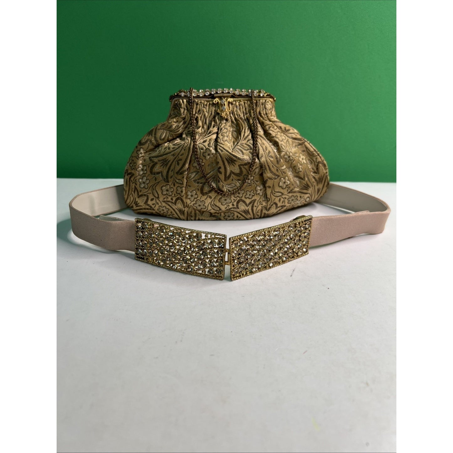 Frances Hirsch France Gold Brocade & Rhinestone Clutch Purse With Matching Belt