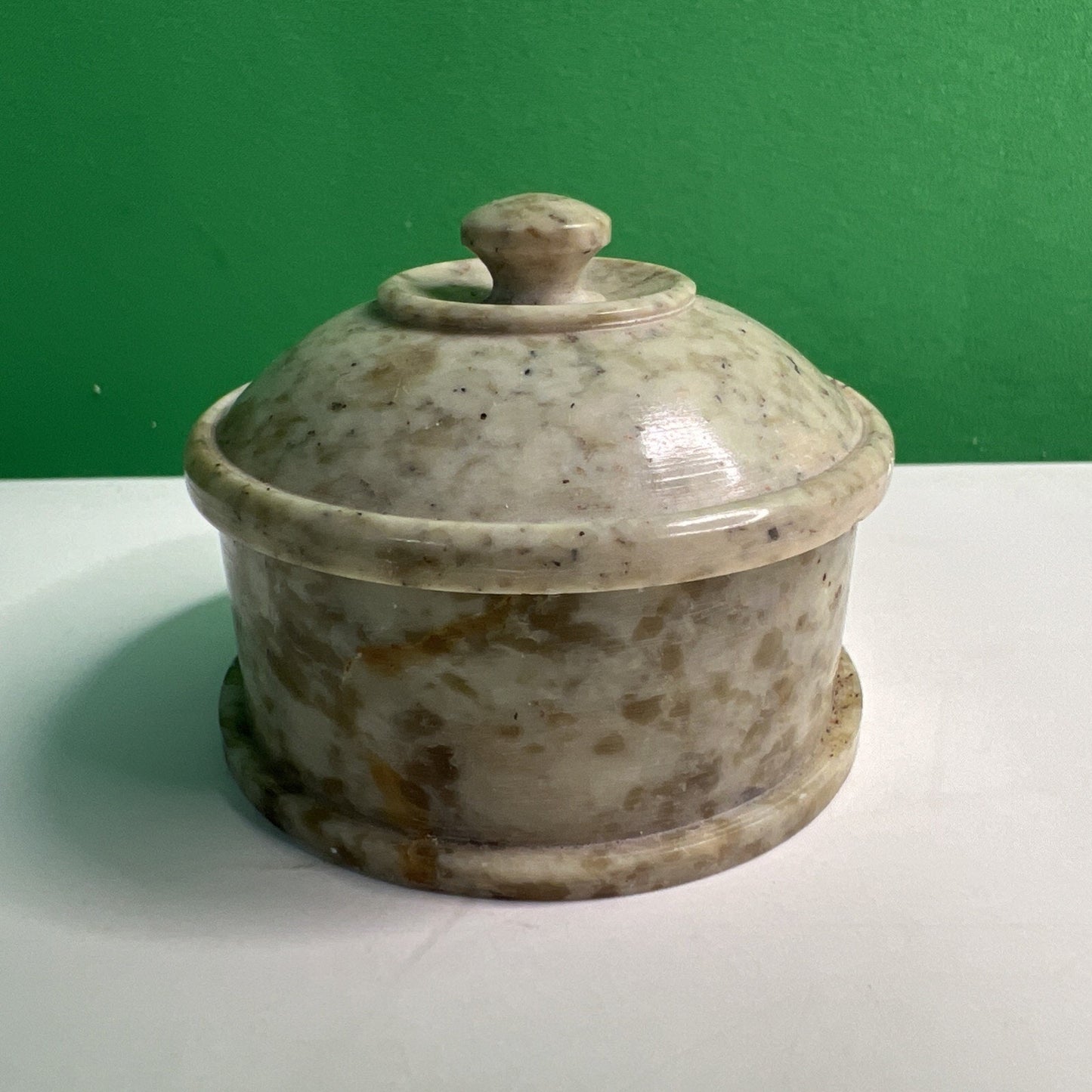 Carved Soapstone Small Inlaid Round Box Trinket Vanity Natural Stone Lid