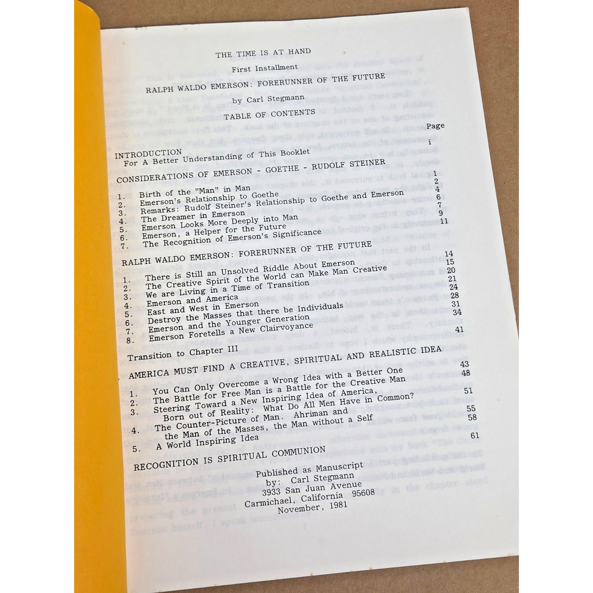 Ralph Waldo Emerson: Forerunner of the Future by Carl Stegmann (1981) RARE