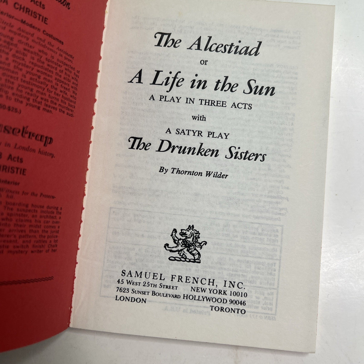 Thornton Wilder Alcestiad or Life in the Sun Play in Three Acts with Satyr