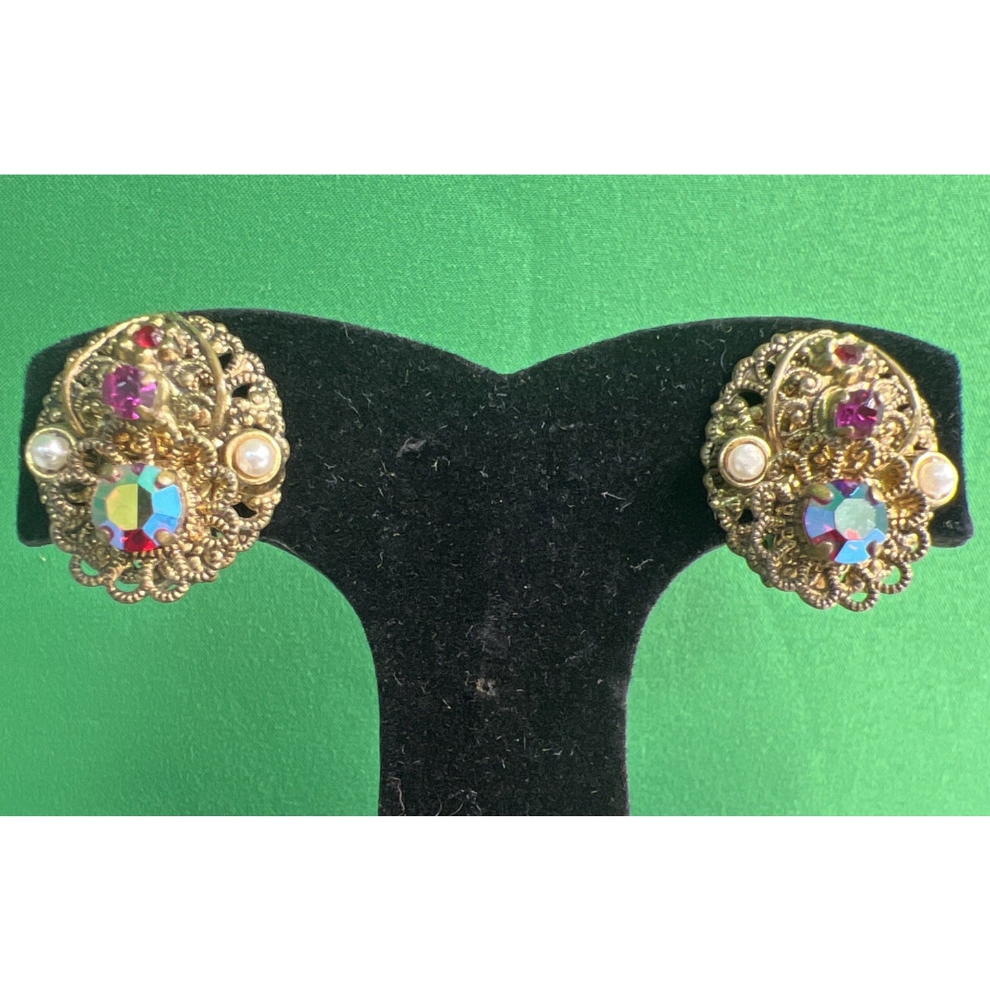 Antique Filigree West Germany Brass ClipOn Earrings w/ Faux Pearls & Rhinestones