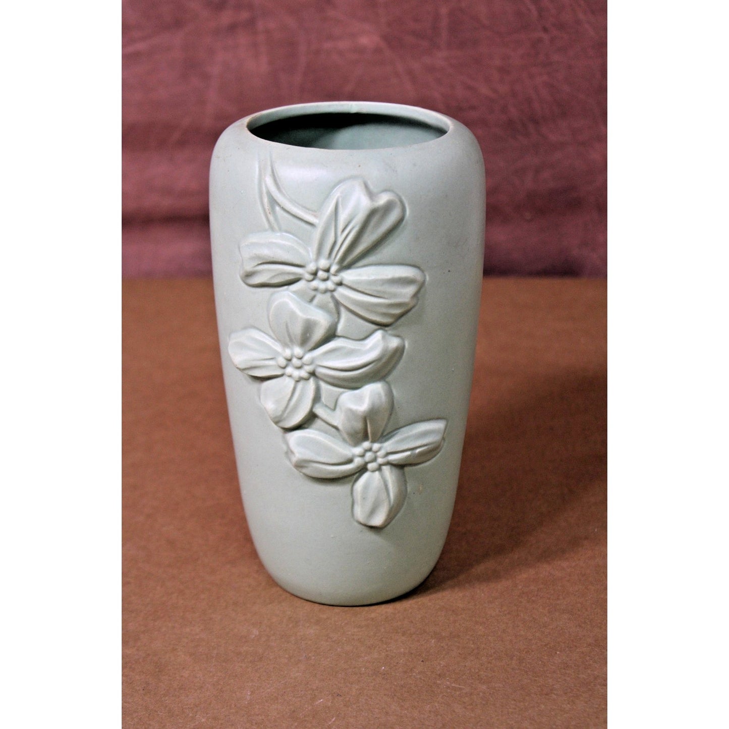 Vintage Haeger Dogwood Vase, Matte Green Raised Relief, 75th Anniversary, 8" H