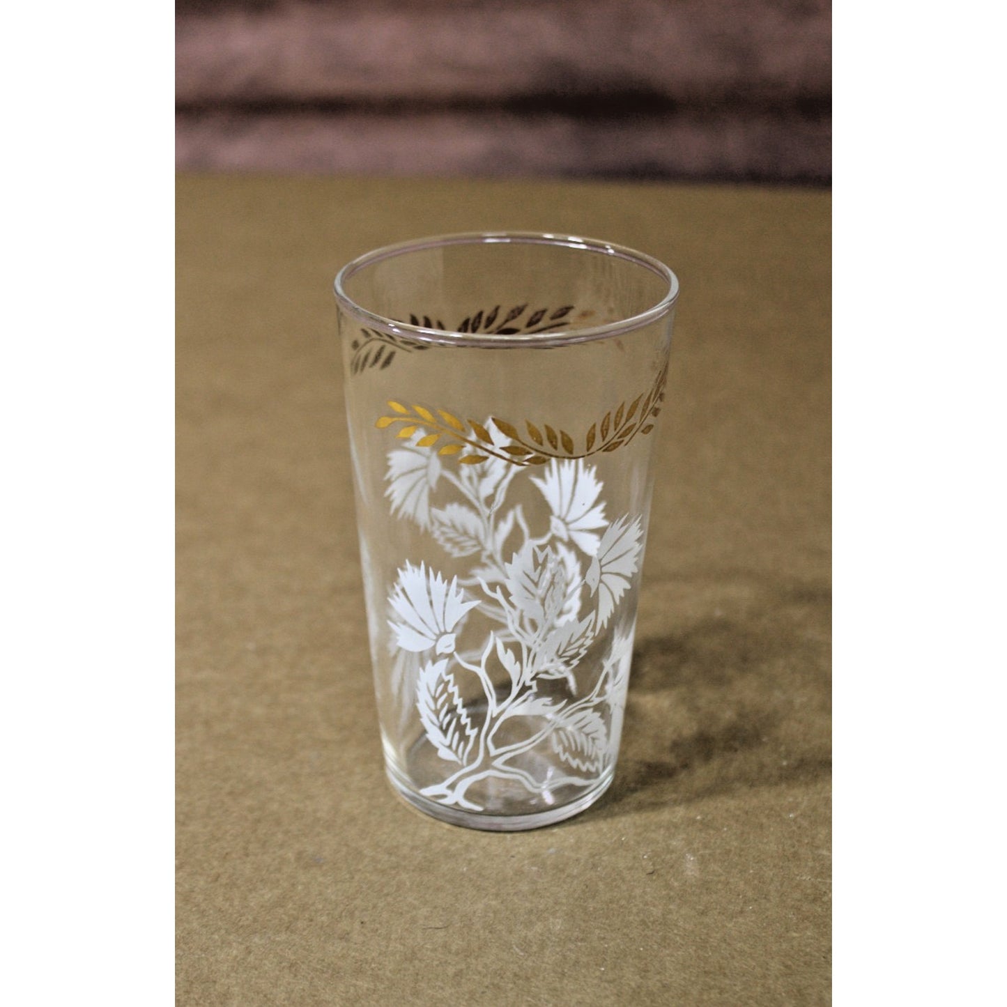 Vintage 5" Gold/ White Tumbler/ Glass with Thistle Pattern, MCM Hollywood Glam