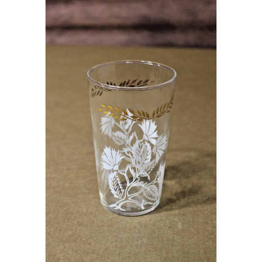 Vintage 5" Gold/ White Tumbler/ Glass with Thistle Pattern, MCM Hollywood Glam