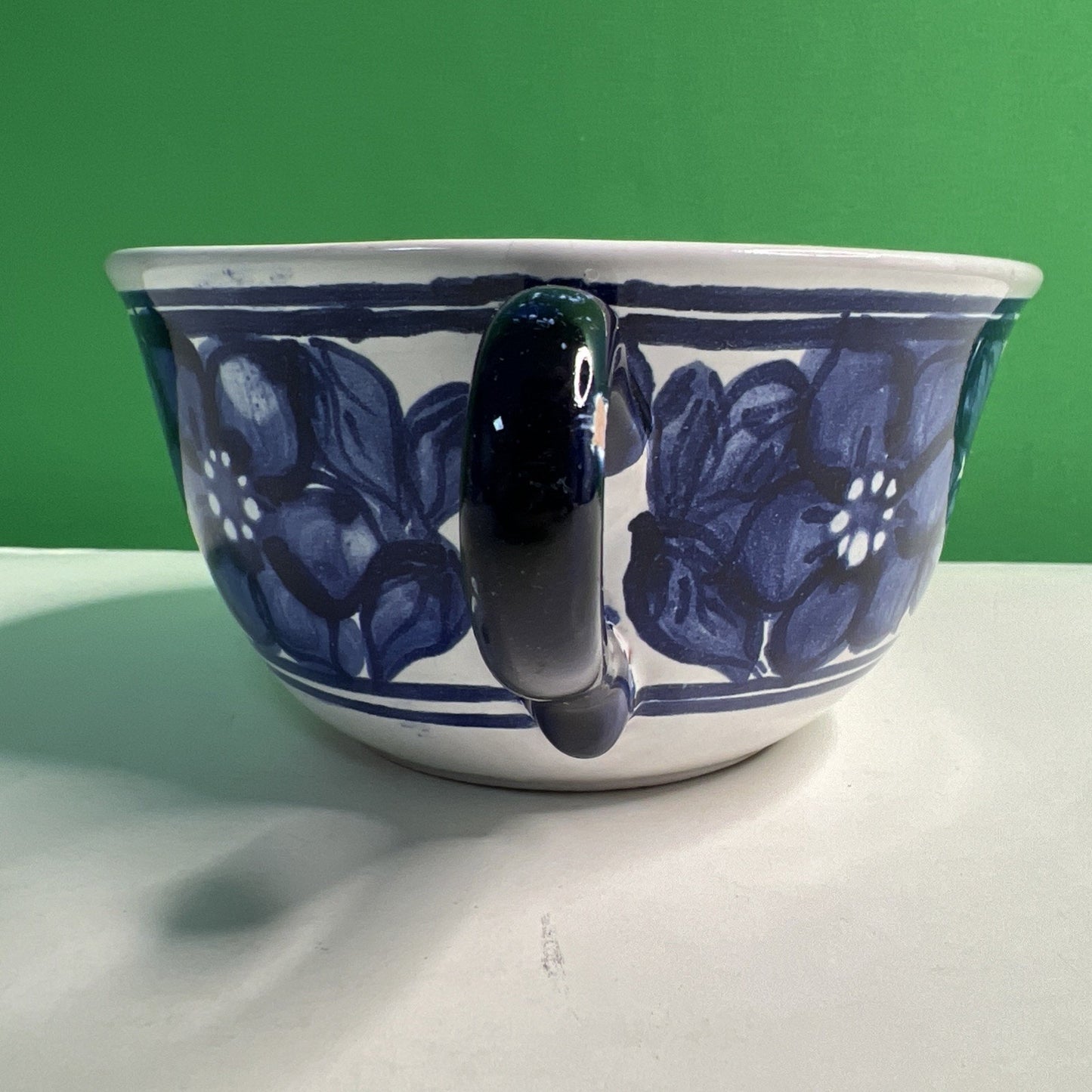 Vintage Stoneware Double Handle Blue & White Floral Hand Painted SOUP BOWL