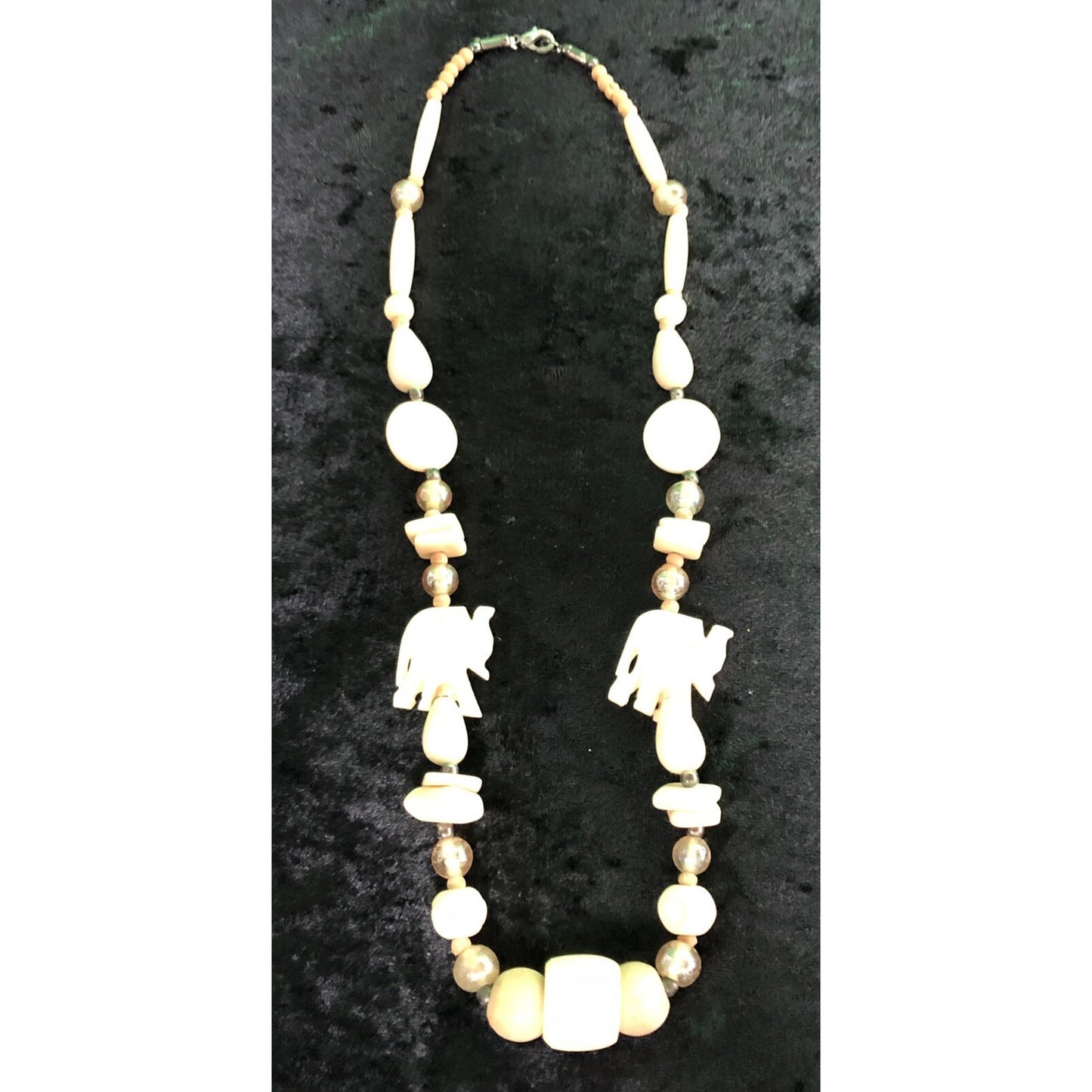 Vintage Lucky Elephant Carved Bead Necklace 22”