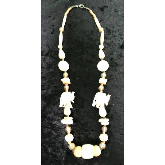 Vintage Lucky Elephant Carved Bead Necklace 22”