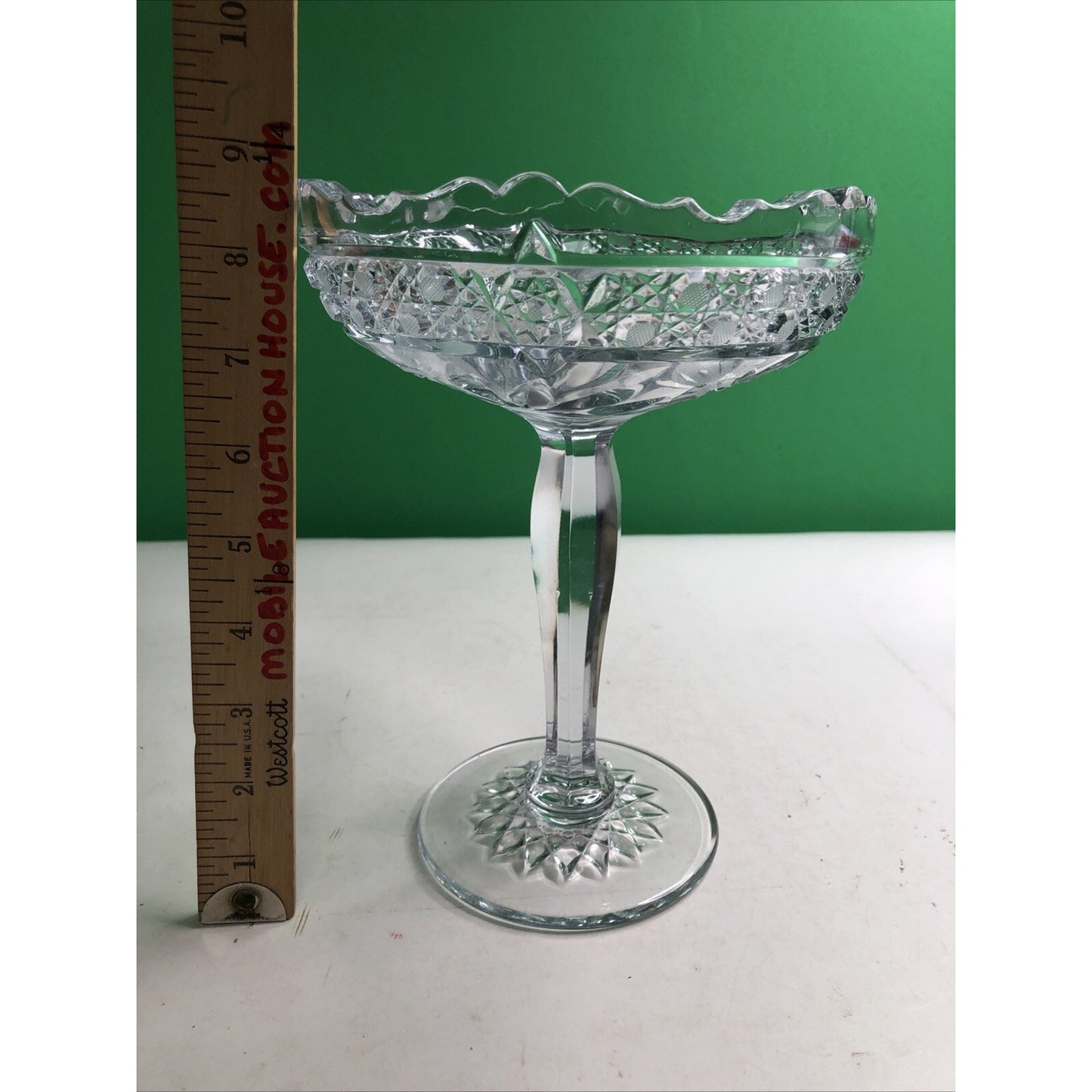 Beautiful Cut Glass Pedestal Compote Etched Flowers 8” Scalloped Edge