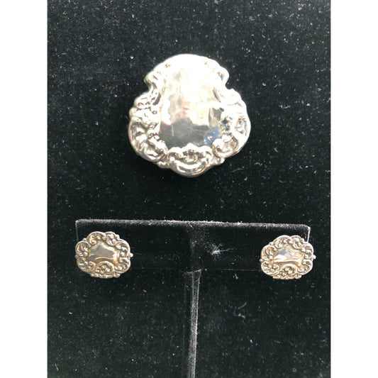 Vintage Sterling Silver 925 Repousse’ Shield Tag Pendant & Earrings Set Mexico