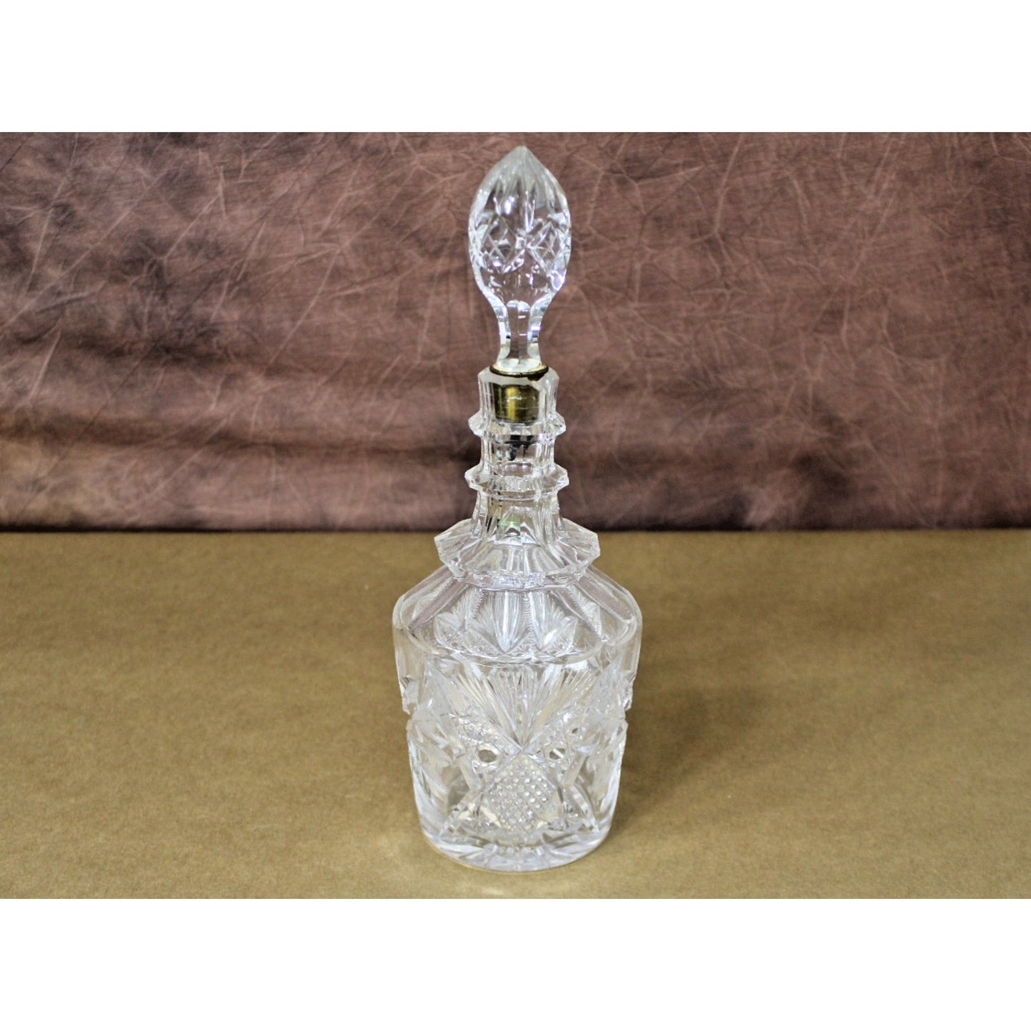 Vintage Lead Crystal Decanter Starburst Etched 12.5” H With Brass Bell Stopper