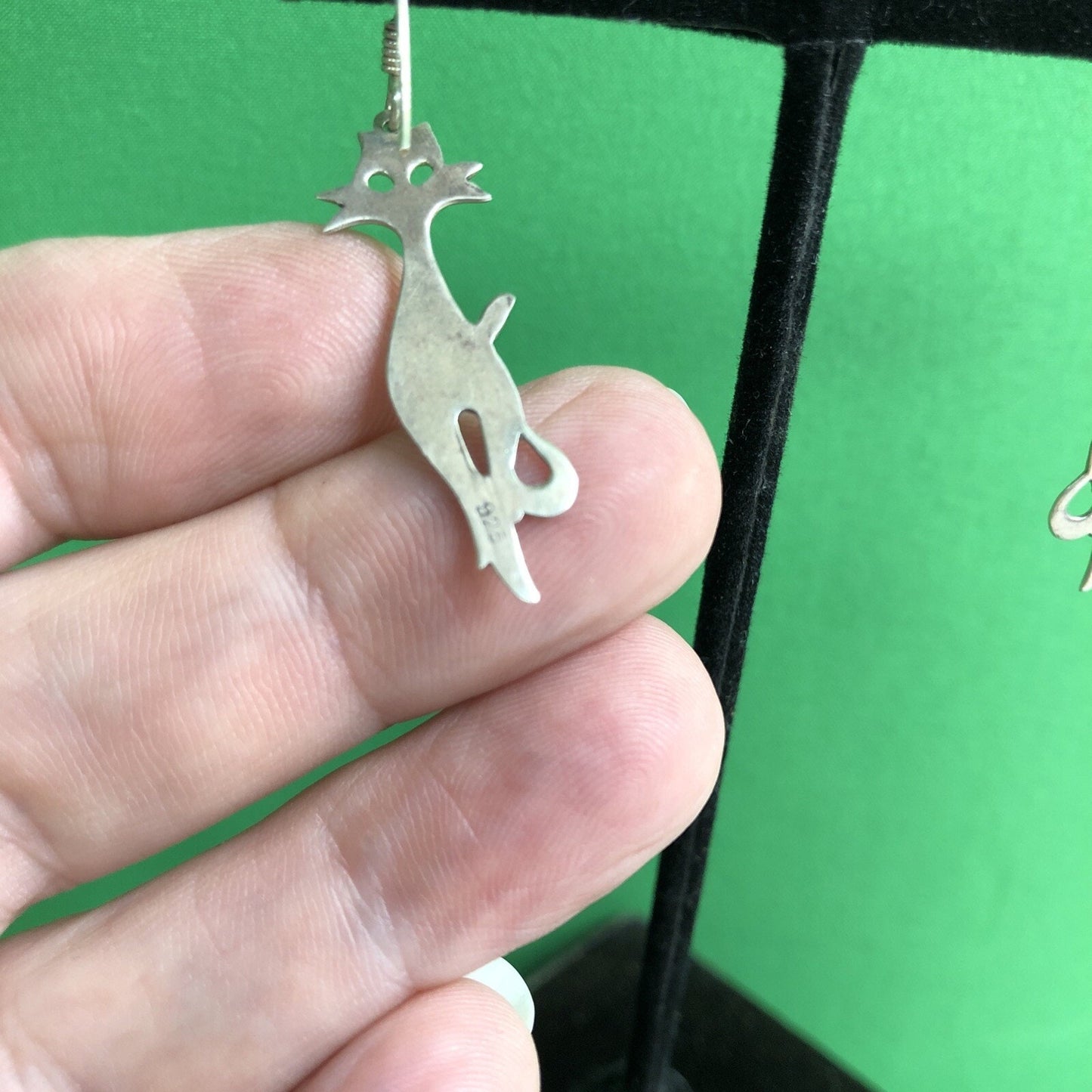Vtg Mexican .925 Silver MCM Mod CAT Kitty Earrings Stamped Pierced Hook Wire