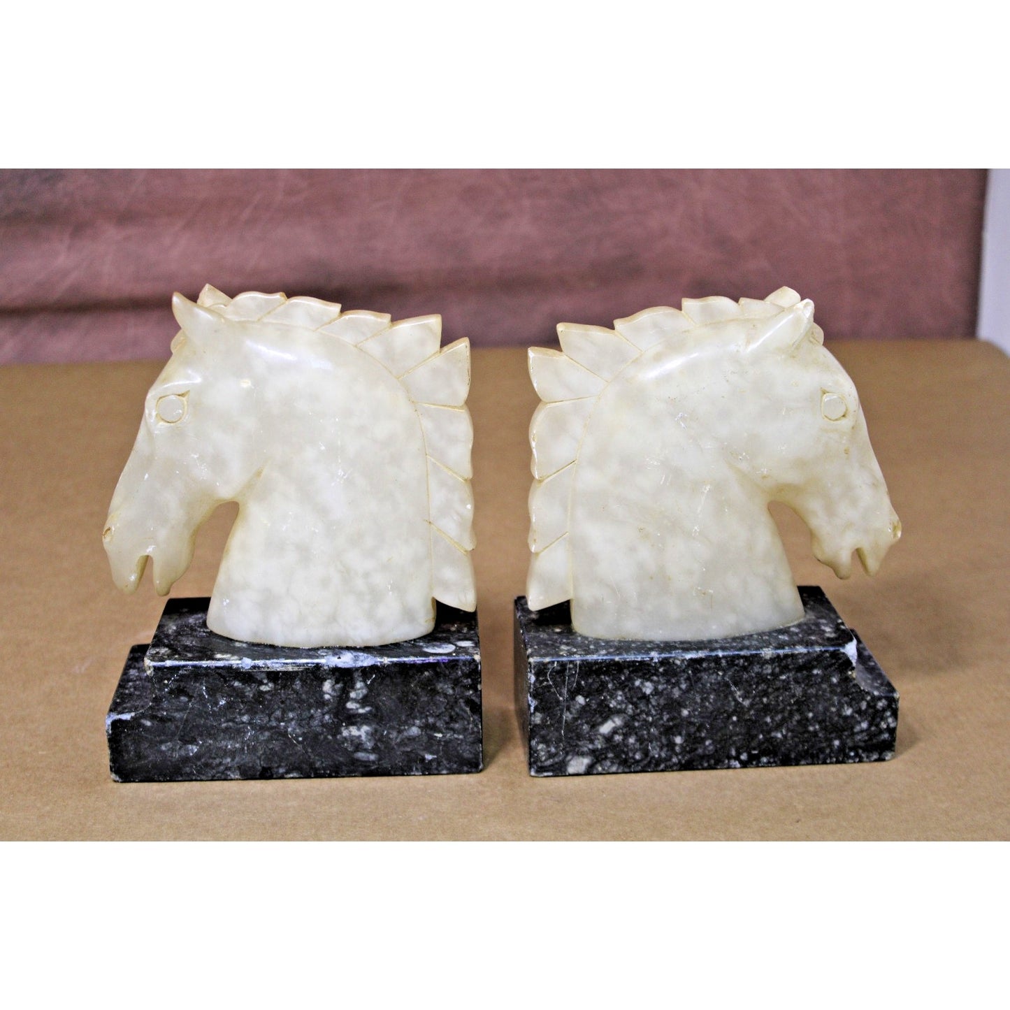 Vintage Heavy Carved Stone & Marble Book Ends, Horse Head, Figural, 7" H