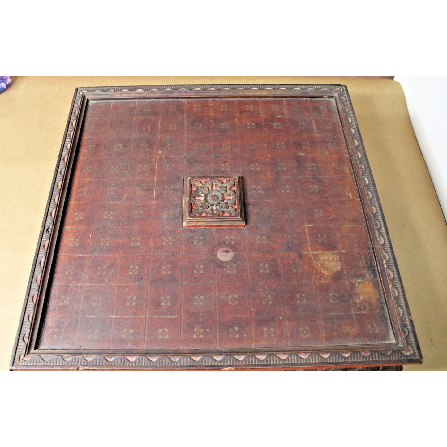 Heavily Carved Antique Japanese Wooden Shogi Game Board with Storage
