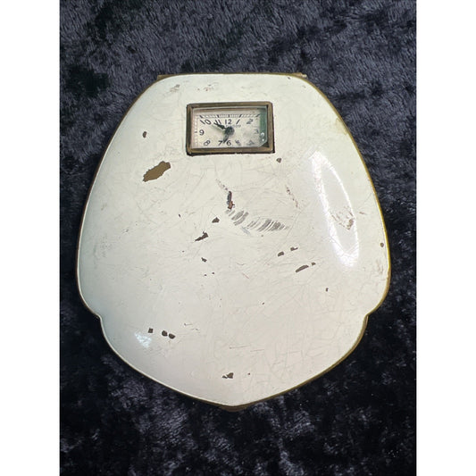 Weldwood Clock Art Deco Cream Enamel Makeup Compact Illinois Watch Case Co.
