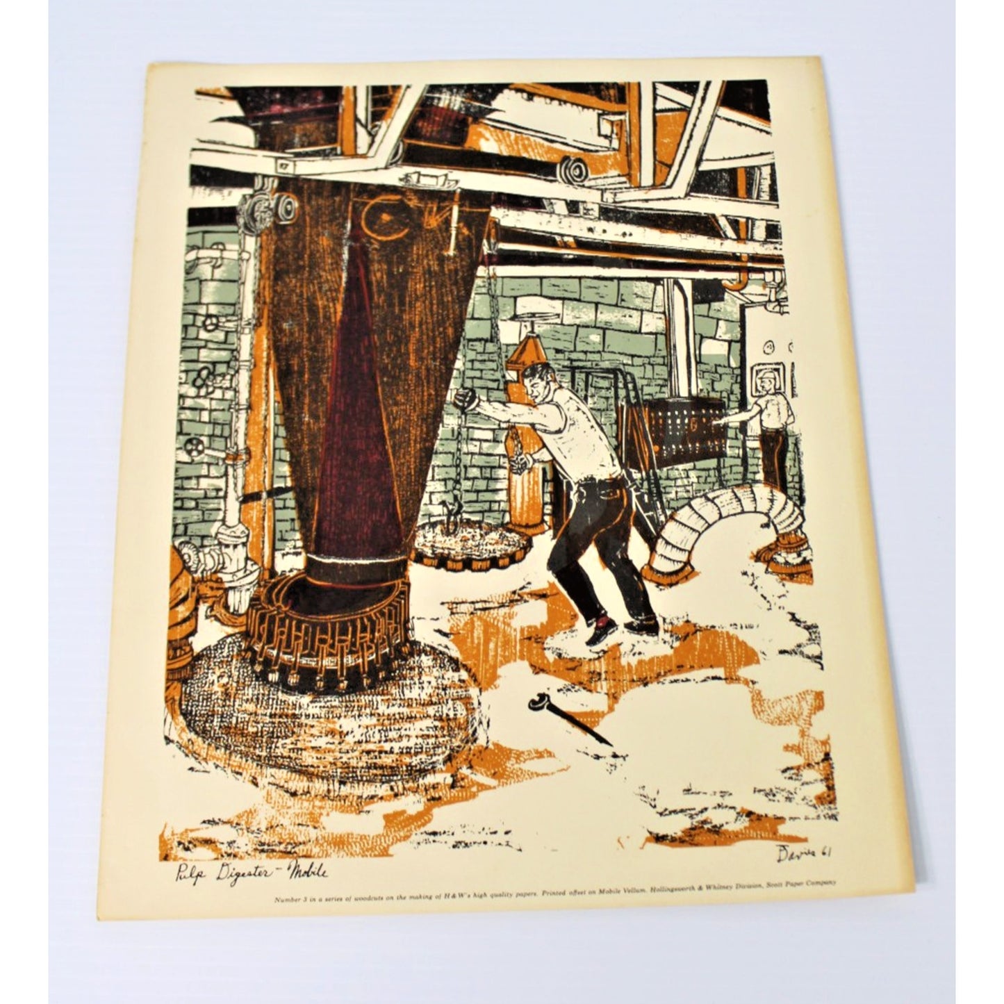 Vintage Woodcut by Ted Davies- Scott Paper Co Pulp Digester Mobile, AL 14"x11"