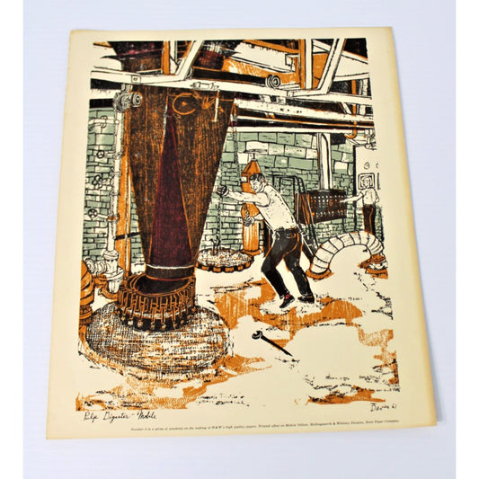 Vintage Woodcut by Ted Davies- Scott Paper Co Pulp Digester Mobile, AL 14"x11"