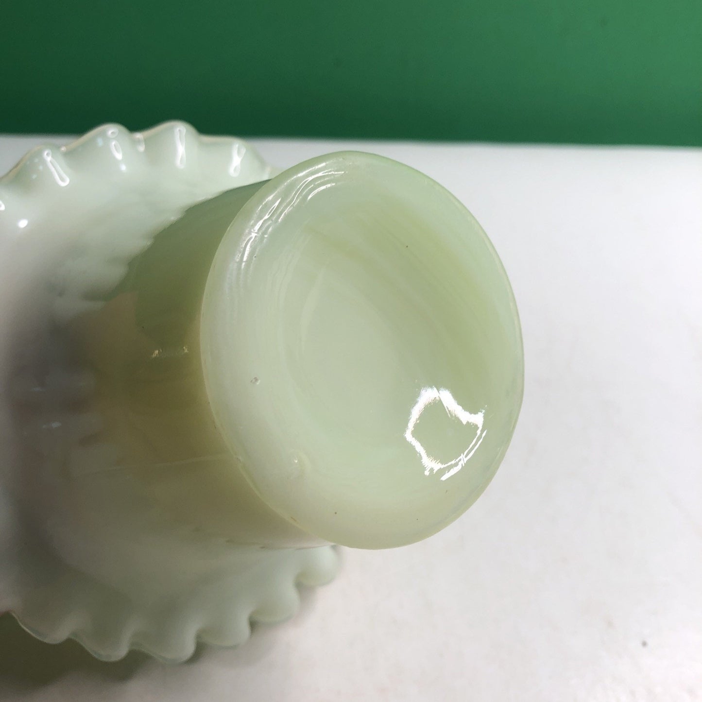 Vintage Uranium Custard Glass Vase 3.5” Tall Ruffle Top Grape Leaf Design Glows