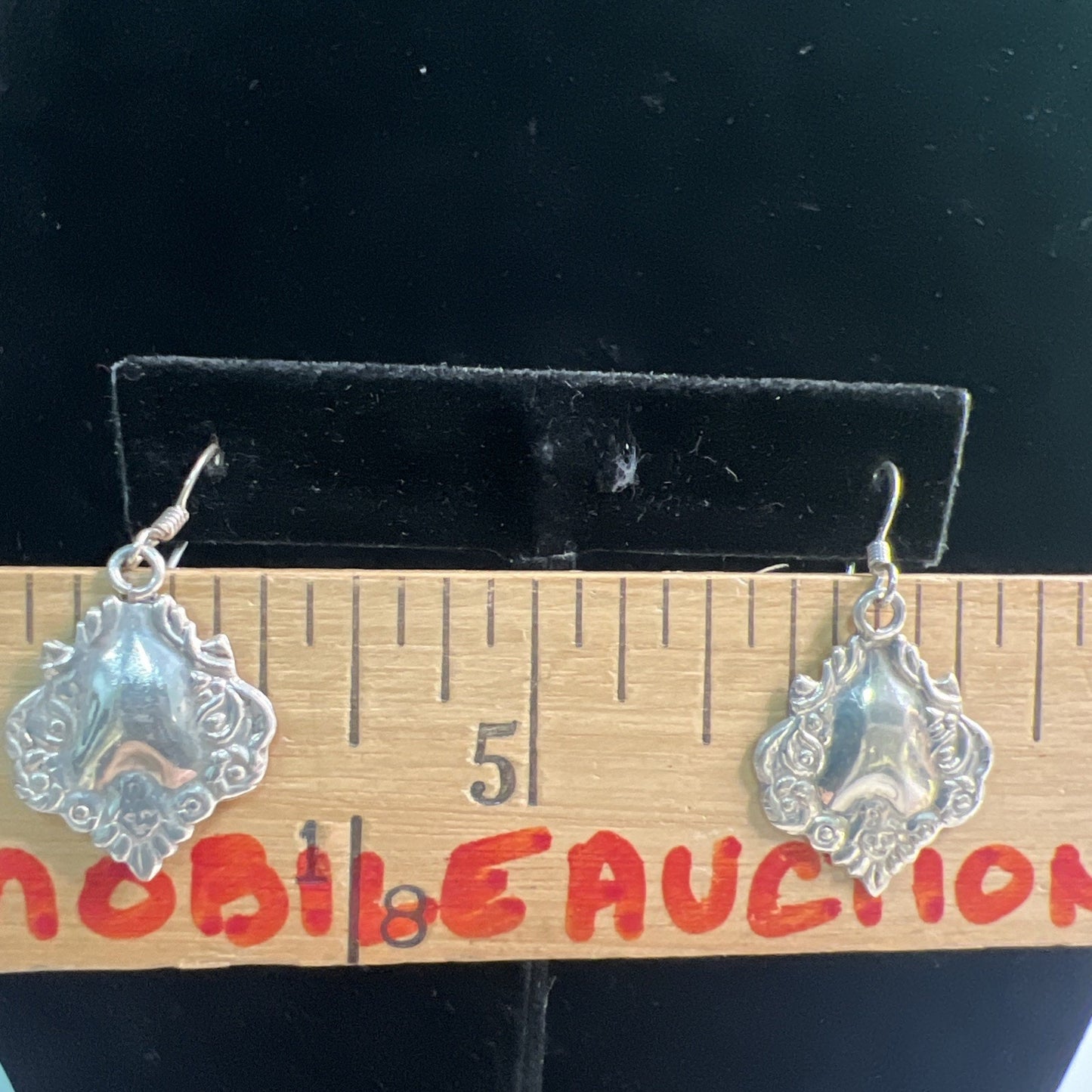 Vintage Ornate Sterling Silver Shield Medallion Earrings Dangle Drop French Wire