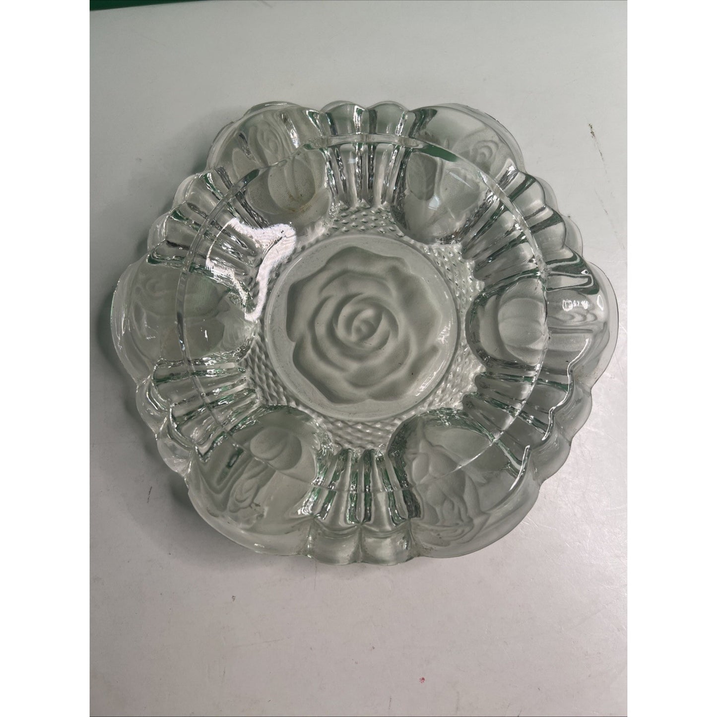 Vintage 1950s 8" Clear Rose Flower Impression Ashtray Pressed Heavy Glass Edges