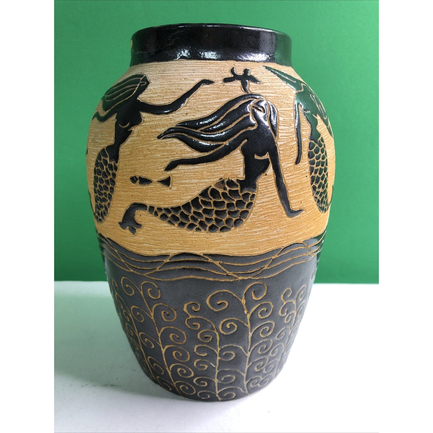 Beautiful MERMAID Vase Sgrafitto Studio Art Pottery Rich Brown Cream Orange