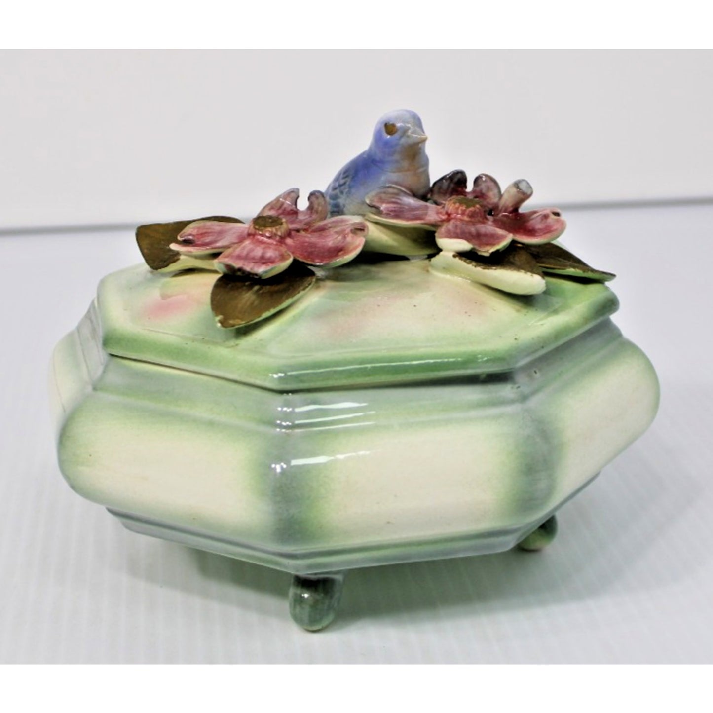 Vintage Lidded Candy Box, Ceramic Octagon with Bird and Floral Figures
