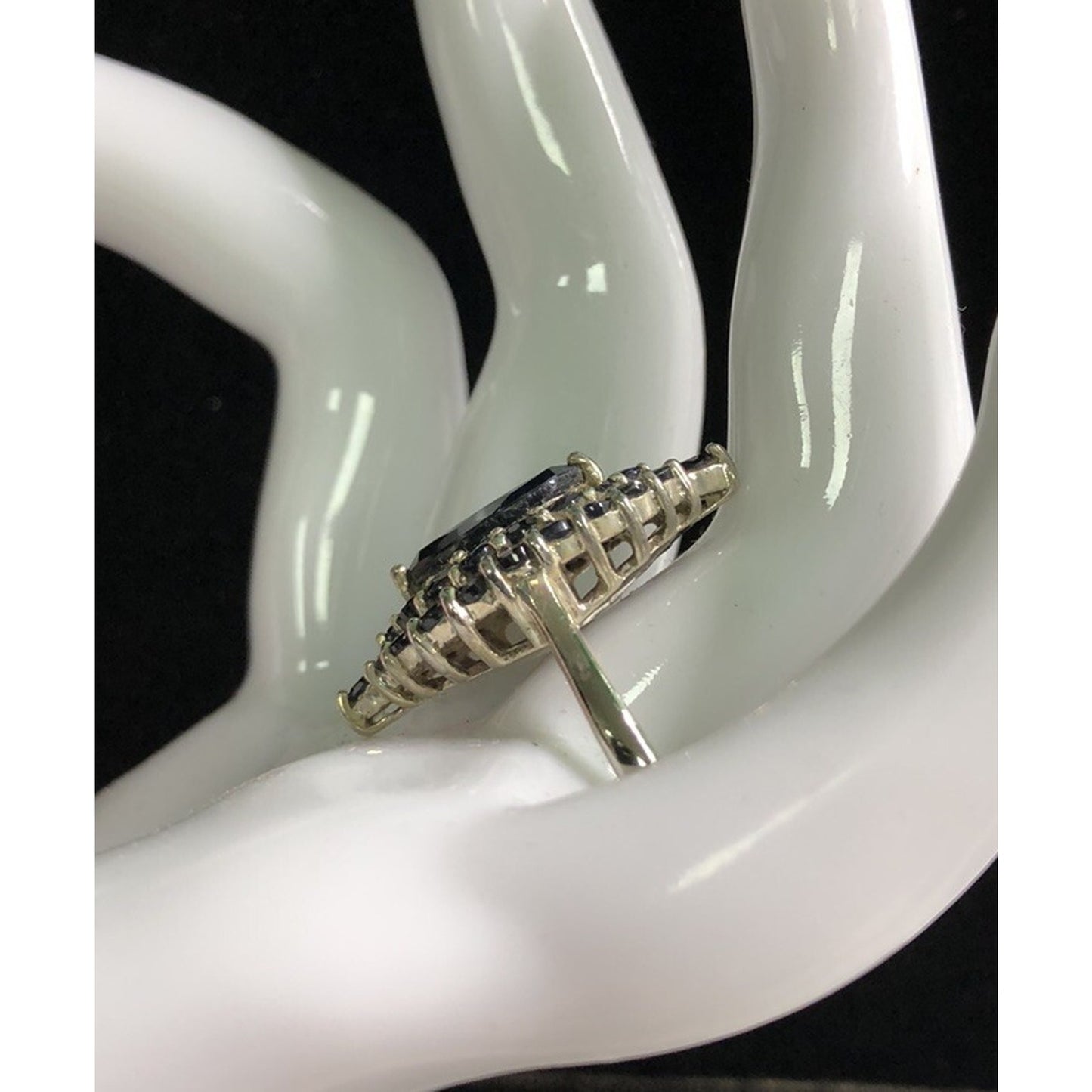 Vintage Sterling Silver Cocktail RING SIZE 9 Black Marquise & Round Stones