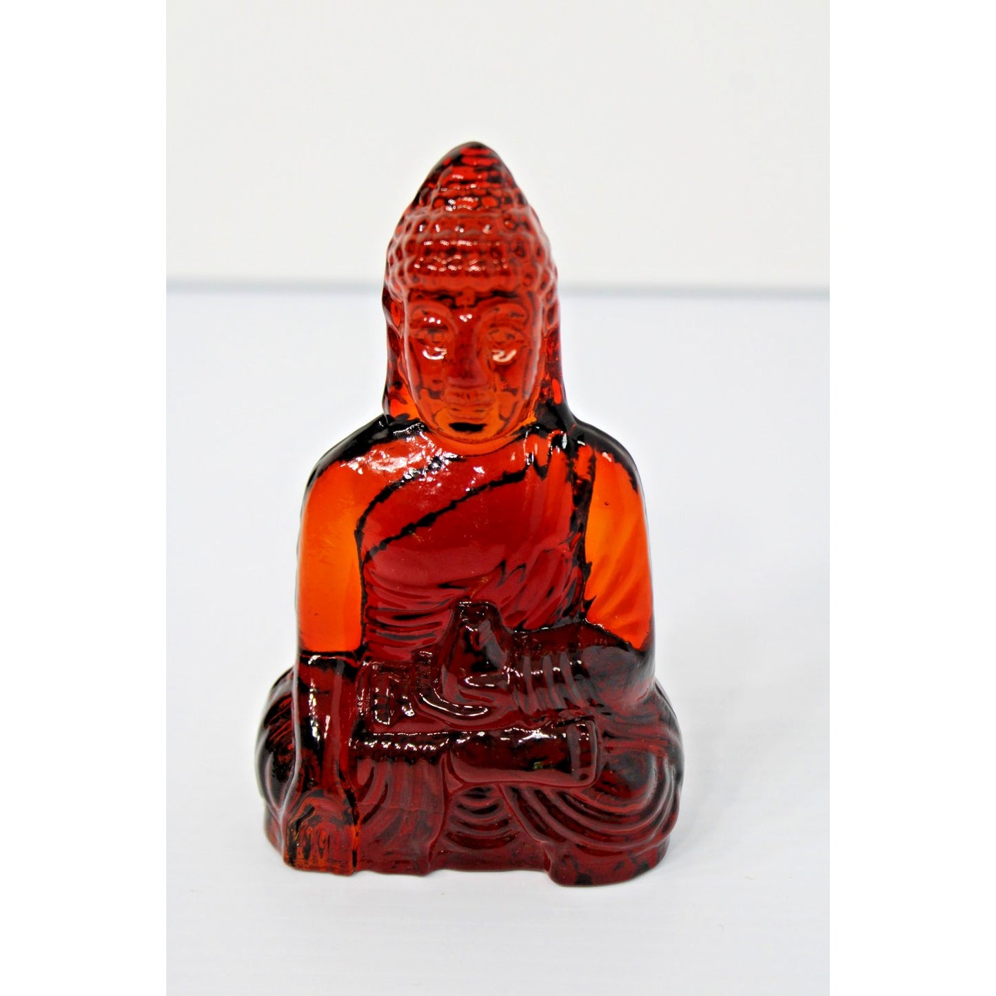Art Glass Buddha Bodhisattva Figure, 5.5H Amber Red Amberina, Dynasty Gallery
