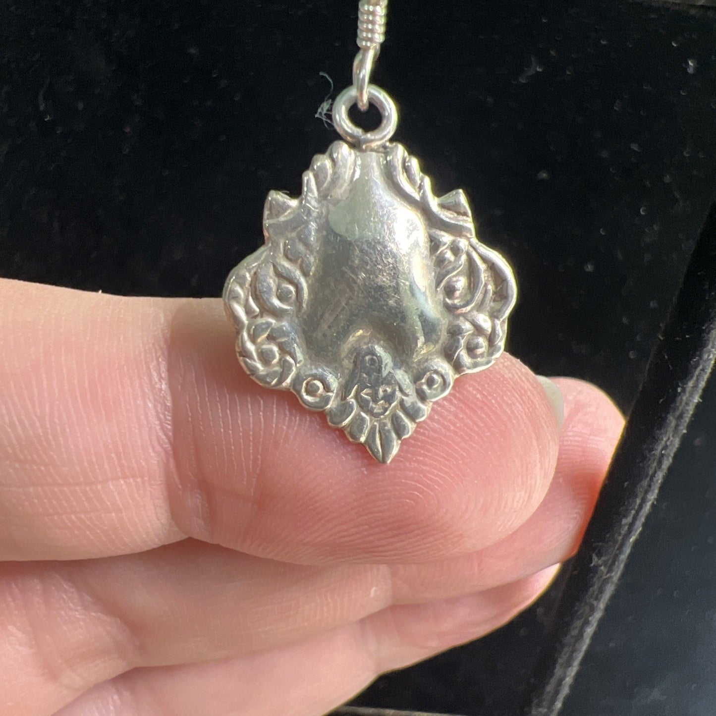 Vintage Ornate Sterling Silver Shield Medallion Earrings Dangle Drop French Wire