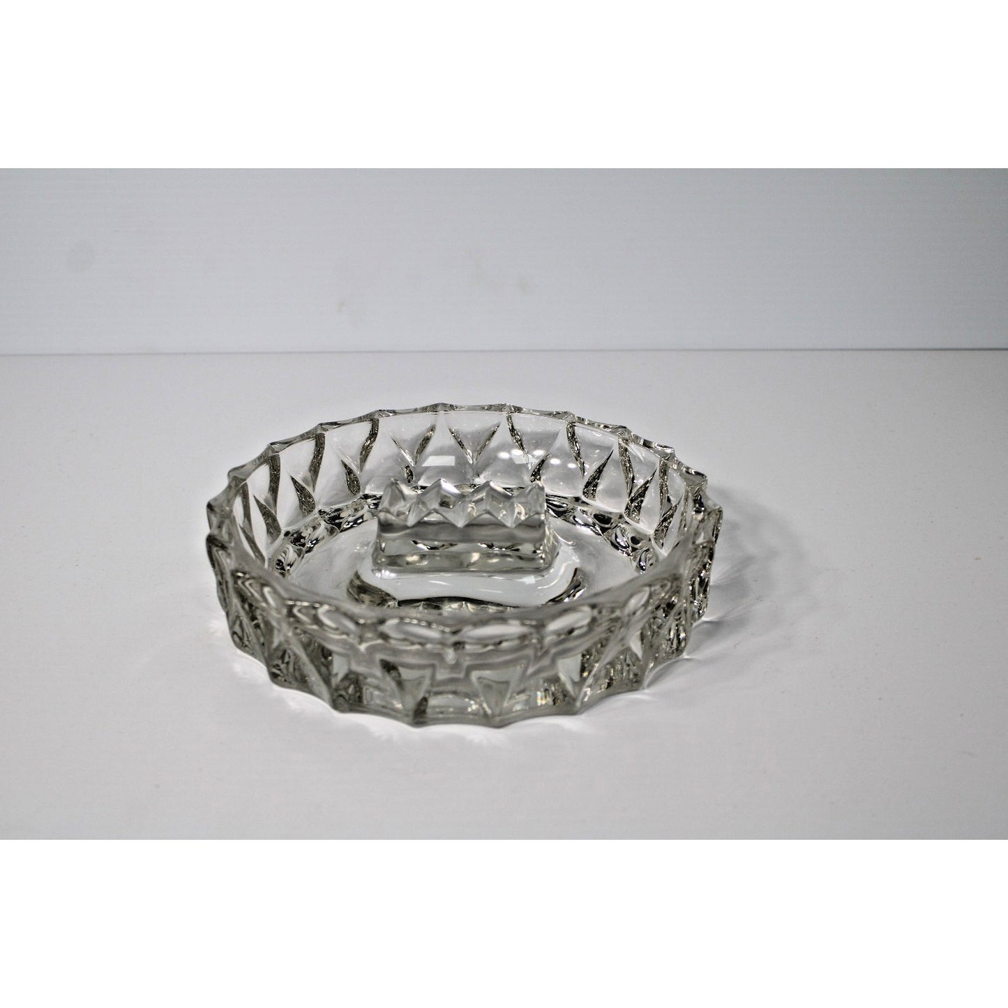 MCM Heavy Round Clear Glass Ashtray w/ Center Cigar/ Pipe/ Cigarette Holder