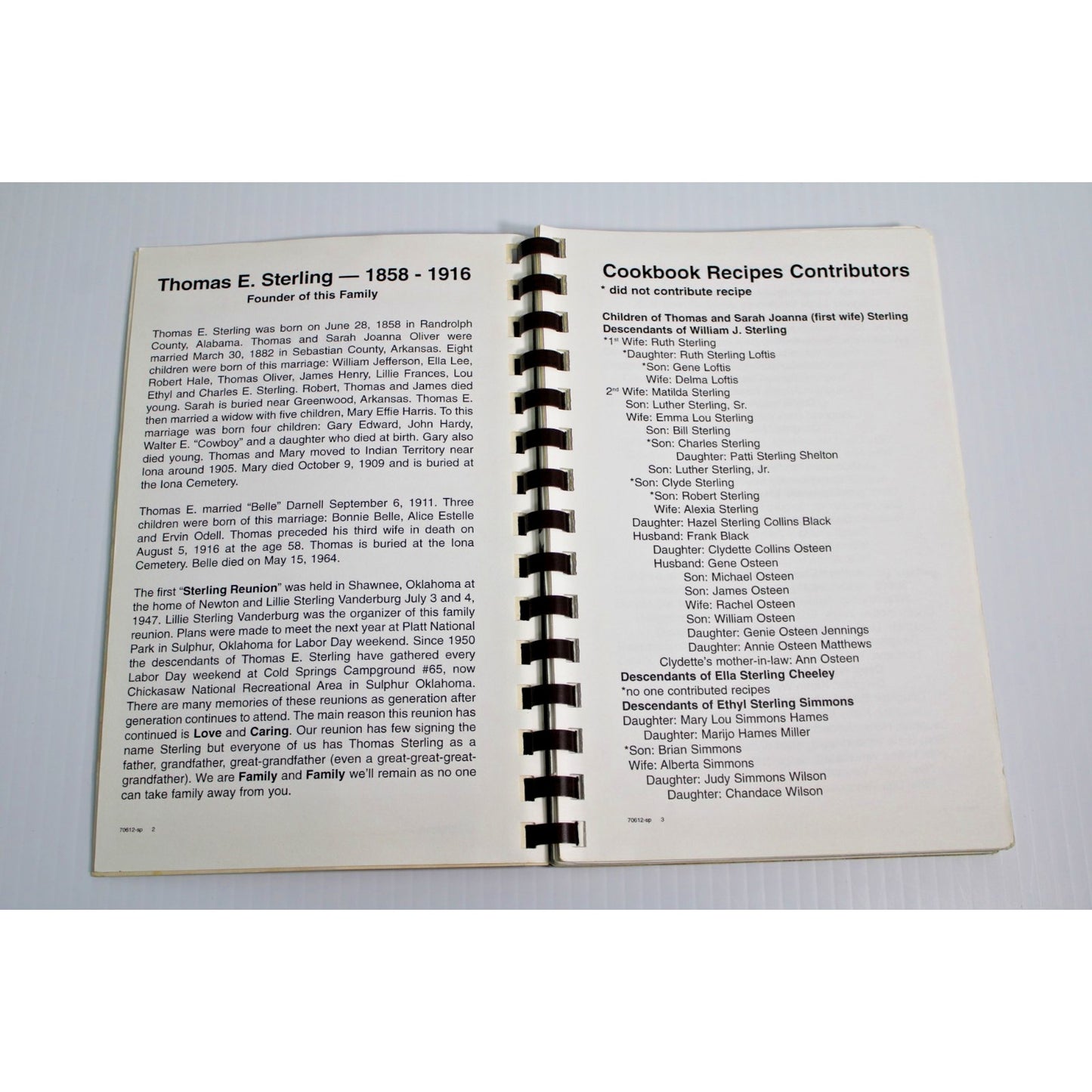 Vintage 2006 Thomas E Sterling Family Cookbook Oklahoma OK Genealogy Spiralbound