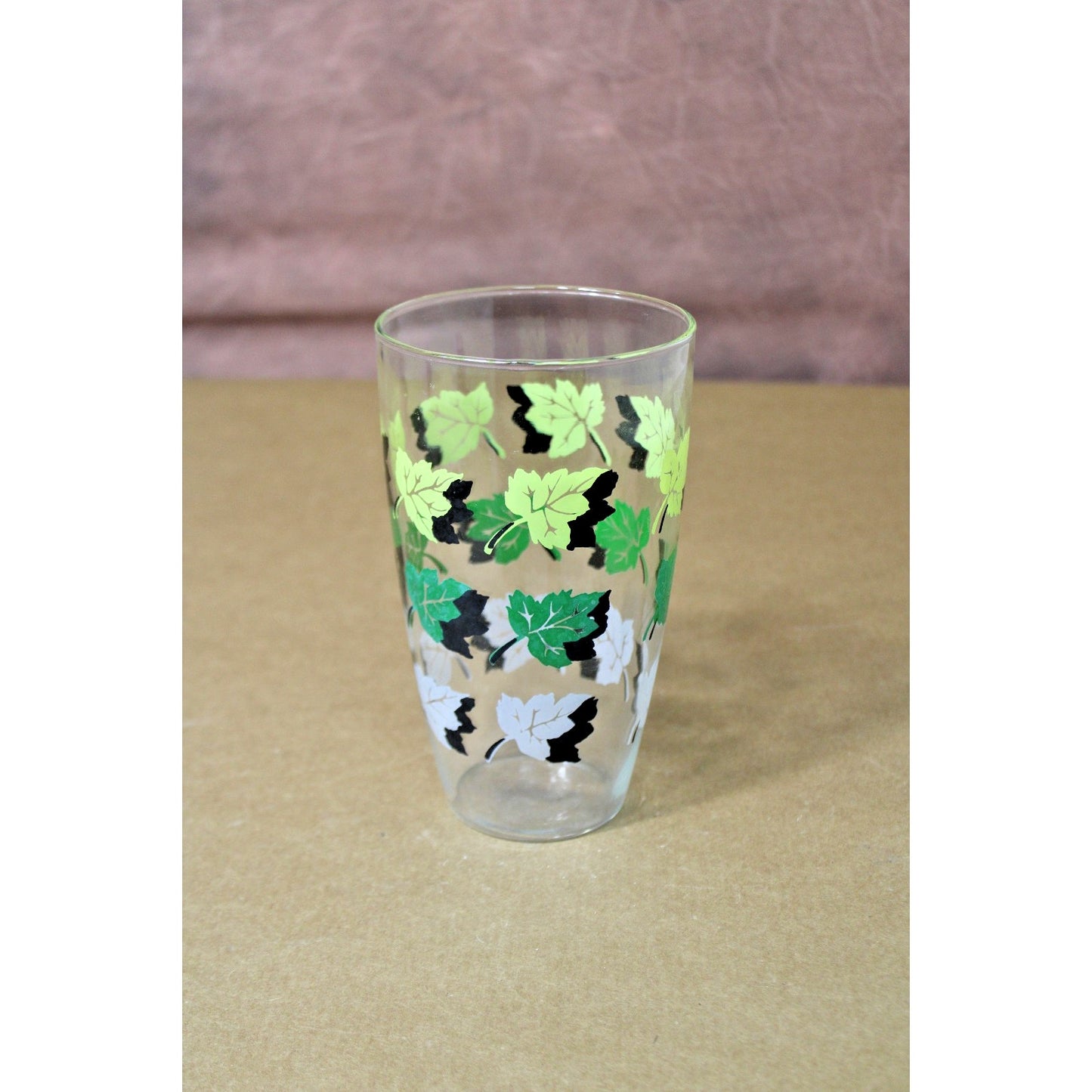 Vintage Libbey Green Leaves Pattern 7-inch Glass Shaker/ Vase 1950s-60s MCM