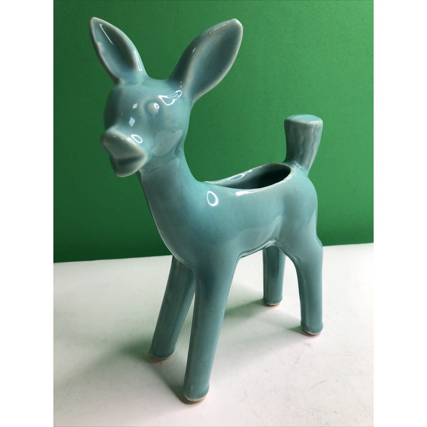 Vintage California Pottery Standing Deer Doe Fawn Planter Blue Green 9”x 6”