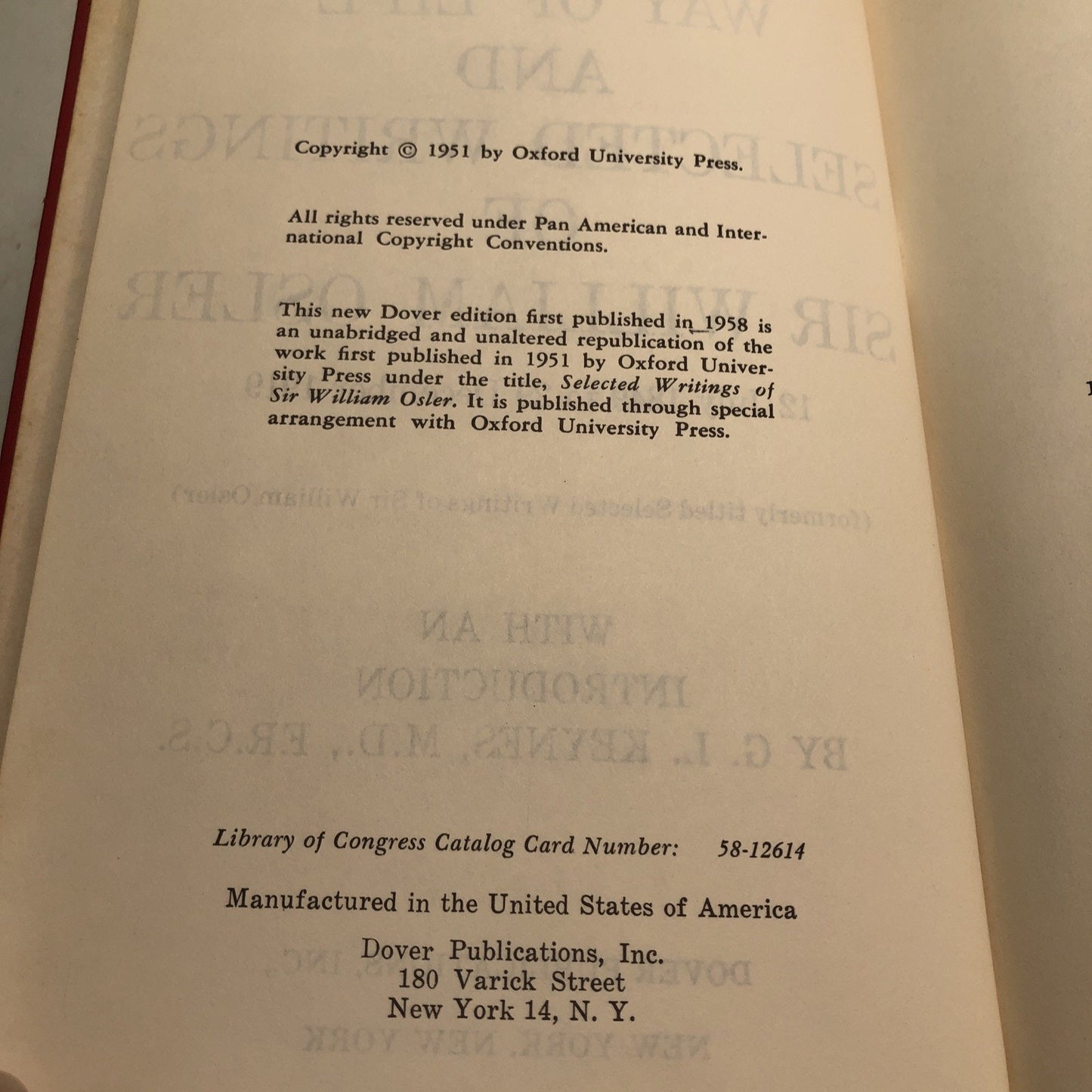 A Way of Life and Other Selected Writings of Sir William Osler 1951 HC Signed