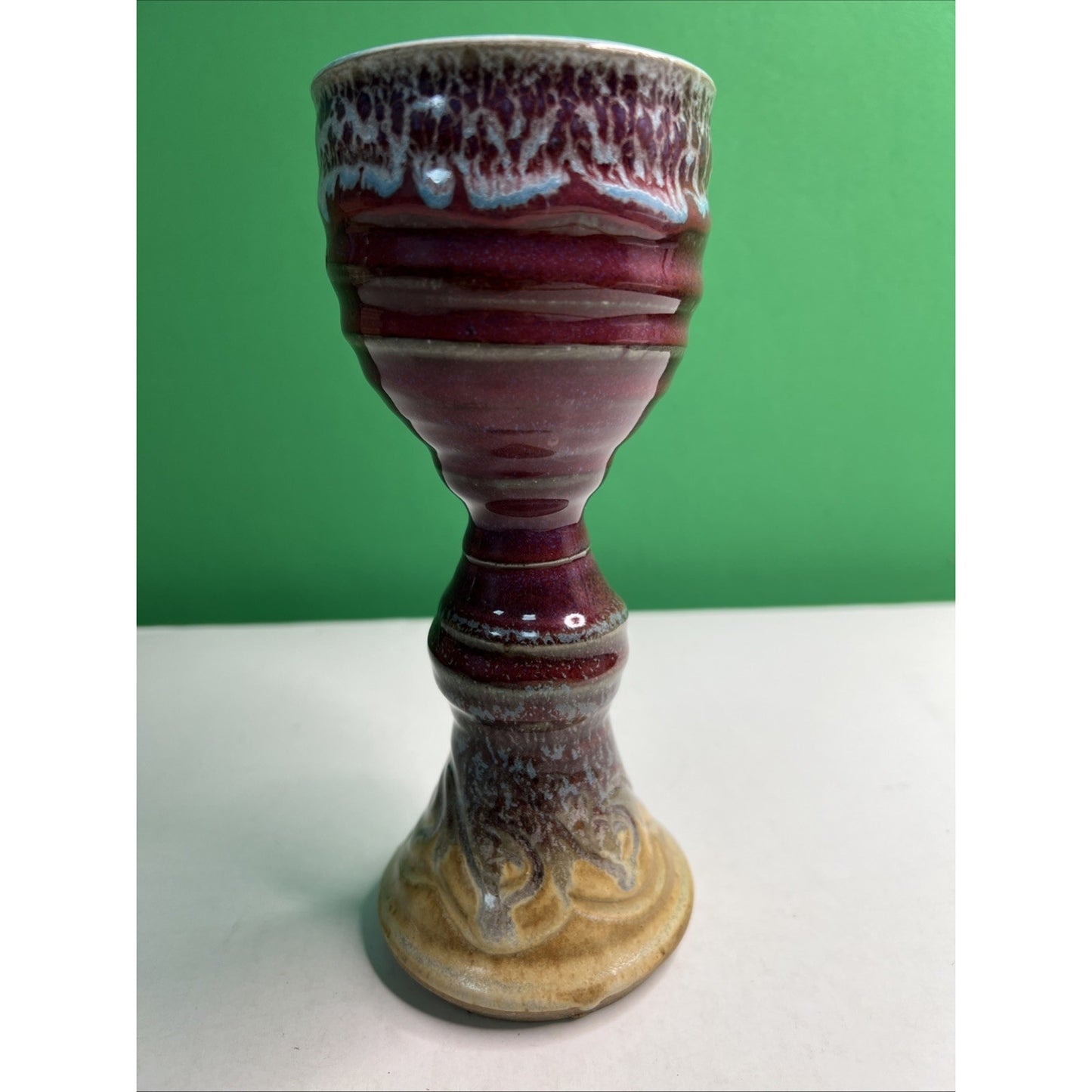 Mid Century Studio Art Pottery Goblet Chalice Cup Vase Signed Glazed Stoneware