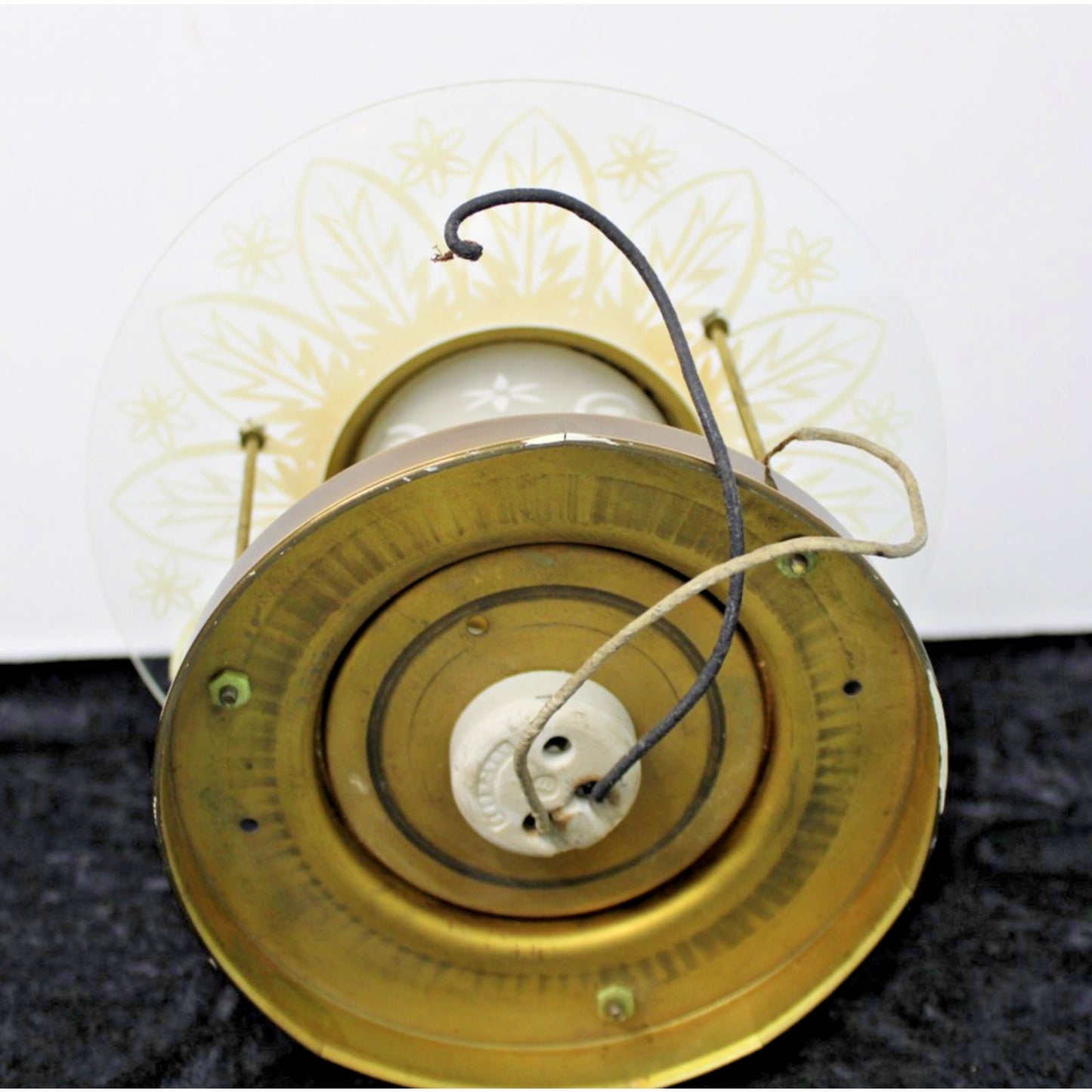 Vintage MCM John C. Virden Brass & Etched Glass Flush-Mount Wired Light Fixture