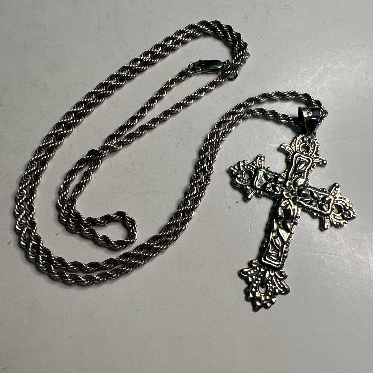 Vintage Sterling Rope Chain With Large Floral Cross Pendant
