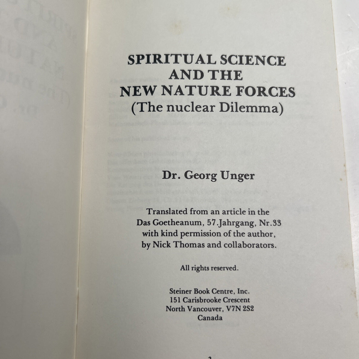 Spiritual Science and the New Nature Forces: The Nuclear Dilemma by Georg Unger