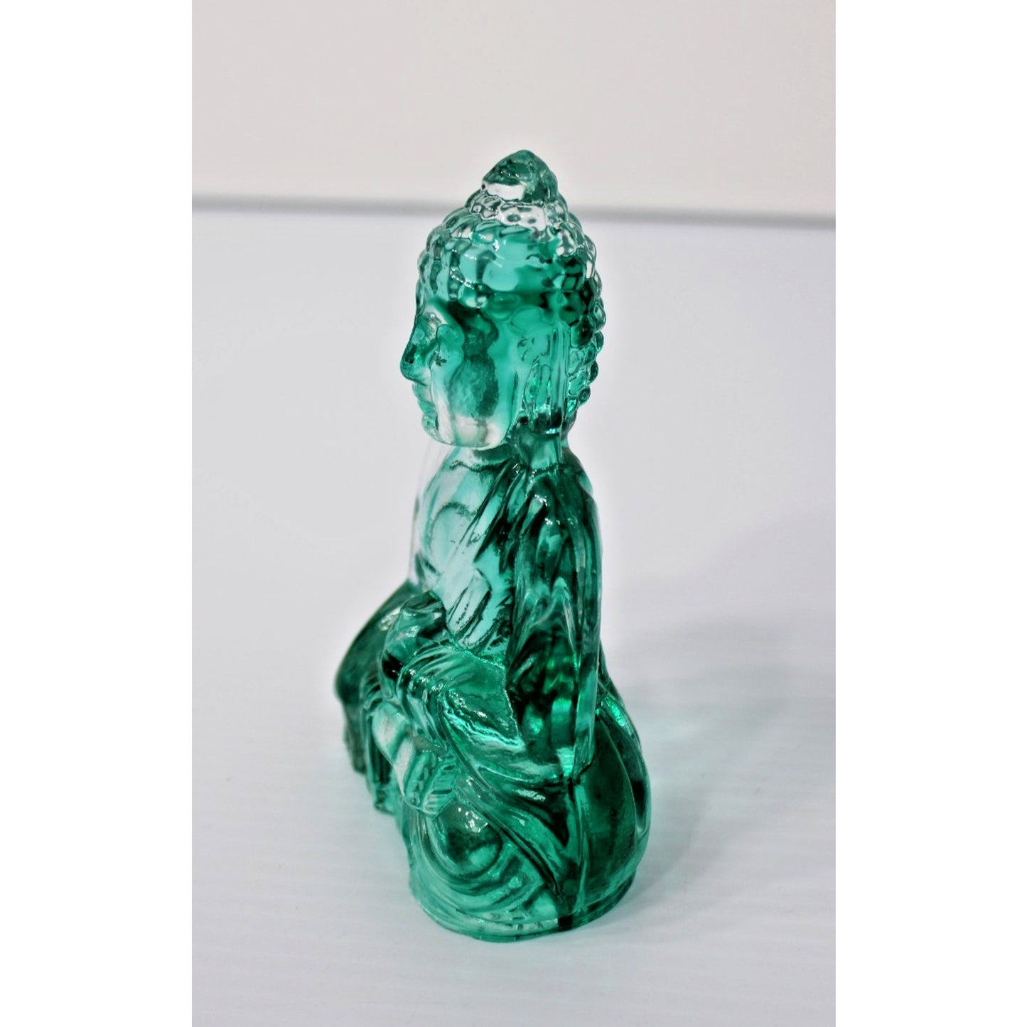 Art Glass Buddha Bodhisattva Figure, 5.5H Clear & Teal Swirl Dynasty Gallery