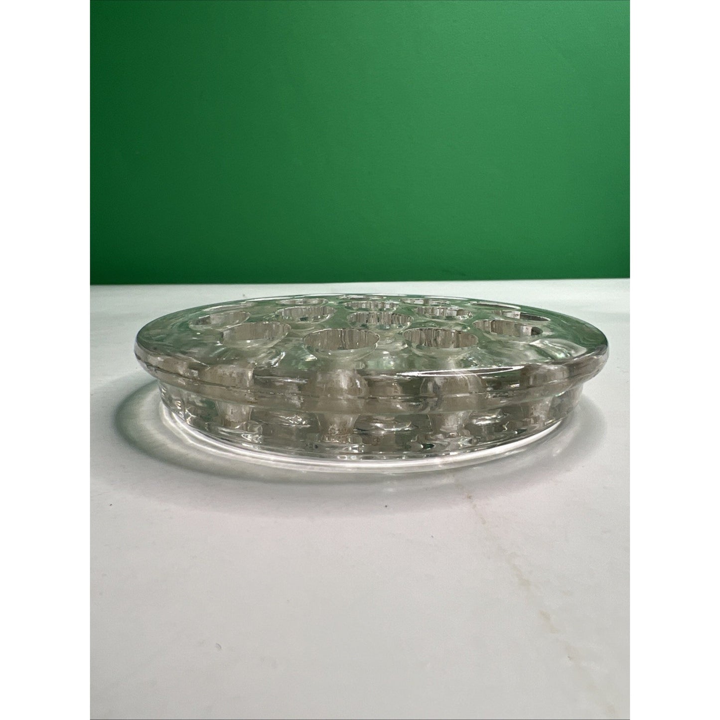 Vtg Clear Glass Flower Frog 19 Hole 5 In Heavy Round Floral Arranger