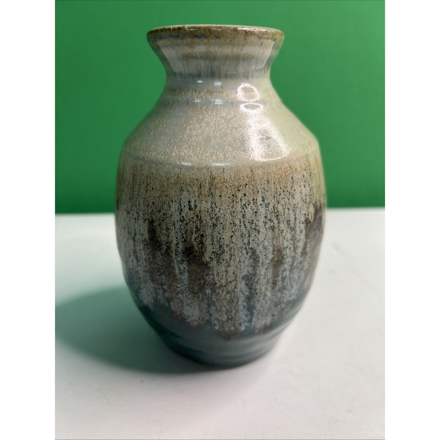 Studio Art Pottery Ceramic Blue And Earthen Hues Drip Glazed Vintage Vase