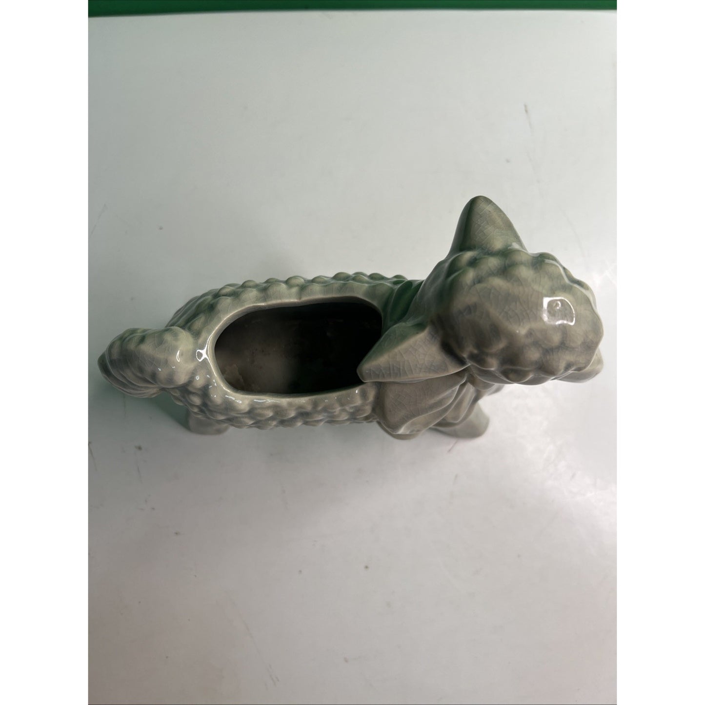 Vintage McCoy Art Pottery Nursery Curly Sheep Lamb With Bow Bells Planter Grey